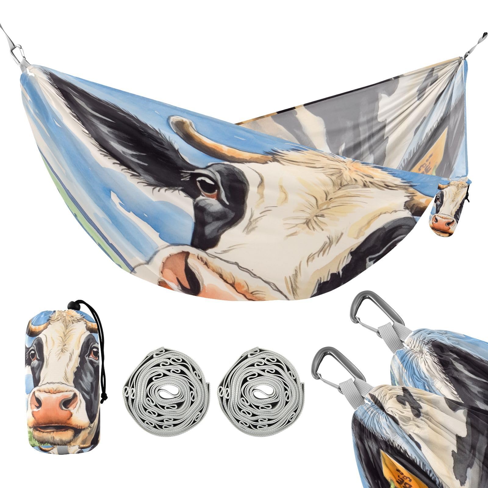 SDMKA Watercolor Cow Portrait Camping Hammock, 330 lbs with 2 Tree Straps, Carry Bag, Single Portable Hammock for Outdoor/Indoor, Hiking, Beach, Backpacking, Travel