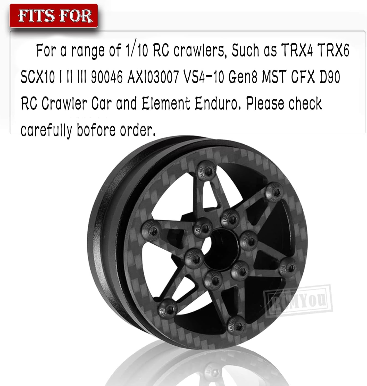 RC 1.9In Beadlock Wheels Ultra Lightweight Performance Carbon Fiber faceplate for 1/10 TRX4 TRX6 SCX10 I II III 90046 AXI03007 MST CFX D90 VS4-10 Gen8 RC Crawler Car(Black-C)