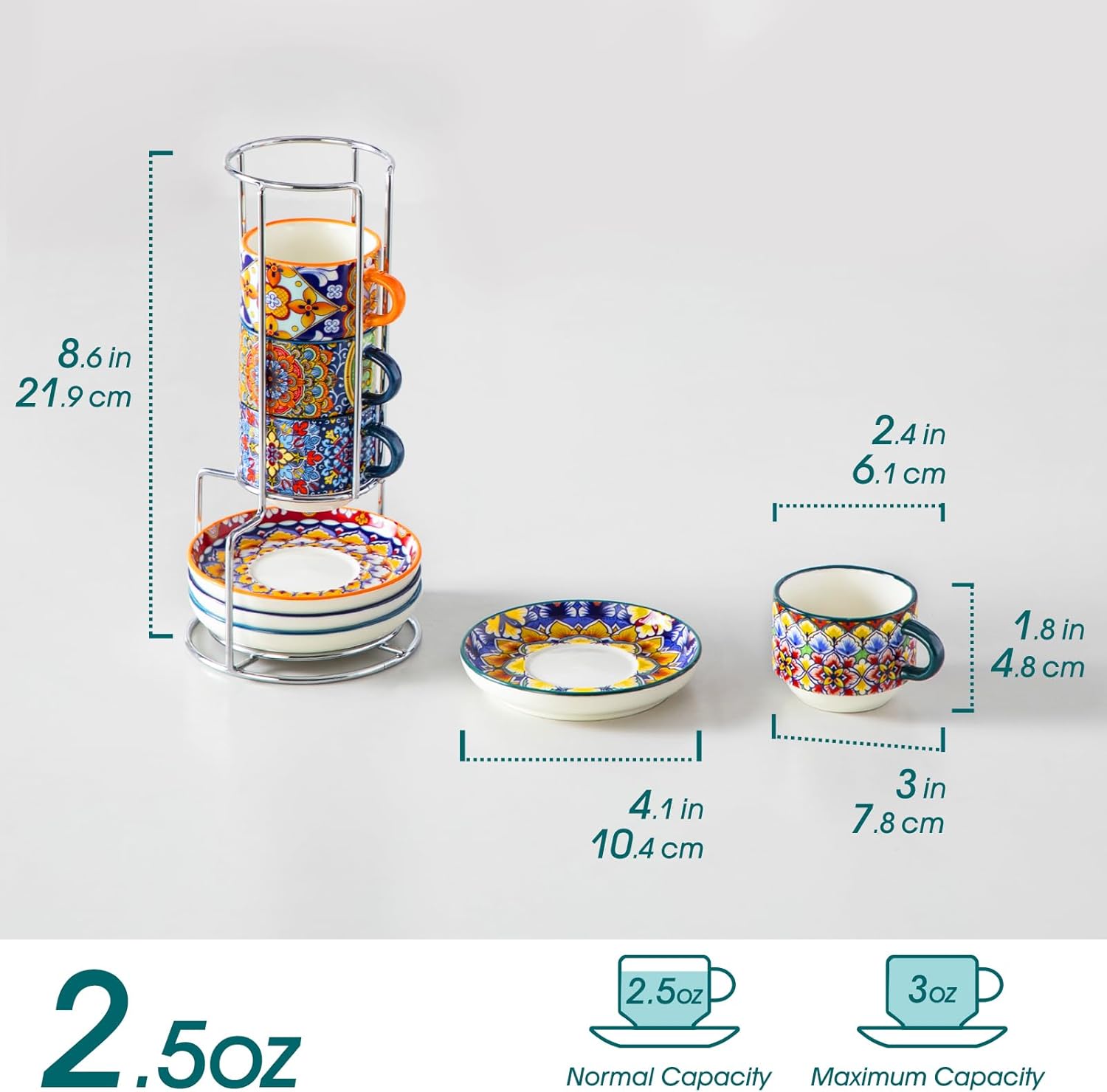 vancasso 2.5 Oz Stackable Espresso Cups with Saucers and Metal Stand Set of 4,Bohemian Ceramic Cappuccino Cups - Microwave and Dishwasher Safe, Perfect For Tea, Espresso, Latte, Cafe-01 - Image 2