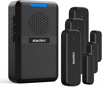 STECHRO Wireless Door Chime, 600Ft Range 5 Adjustable Volume, Magnetic Door Open Contact Sensor with 62 Chimes Mute Mode Door Bell Plugin Receiver for Home/Office/Store Black