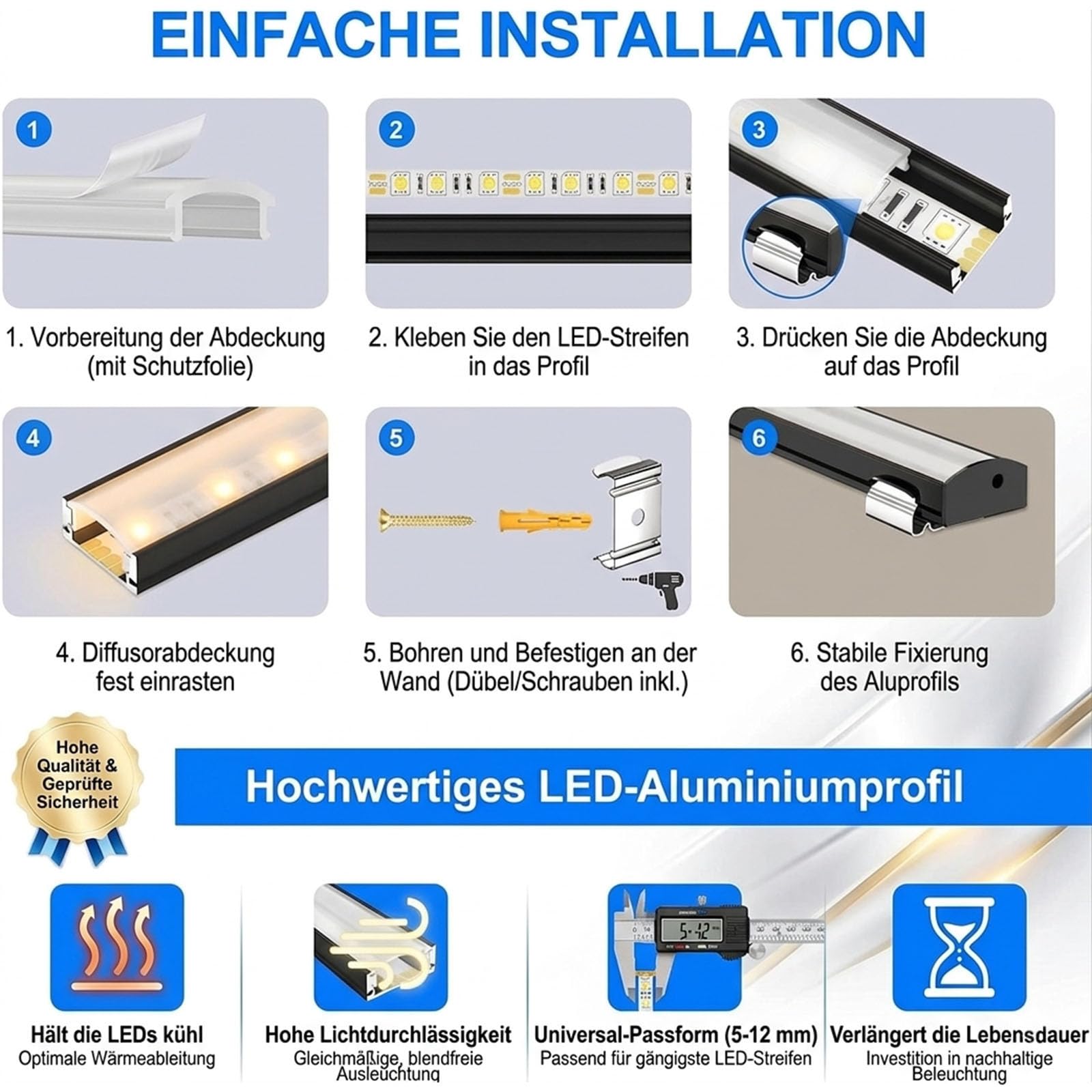 LED Alu Profil Schwarz, 6er Pack U-Form Aluminium Profil für LED Streifen mit Milchiger Abdeckung, 1M Aluminiumleiste für Einbau & Aufputz, LED Schiene für Unterbauleuchte Küche, Schrank, Wand