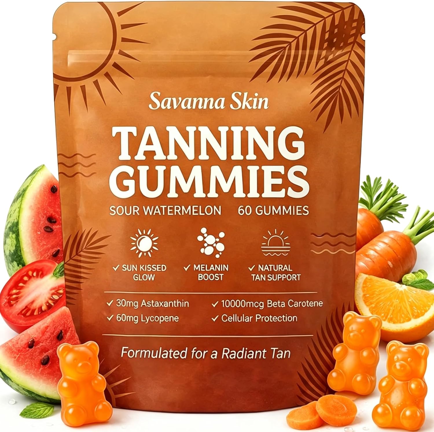 Tanning Gummies, Tanning Gummies for Women, with Astaxanthin Lycopene and Vitamins, Vegan & Sugar Free - 60 Count (1pcs)