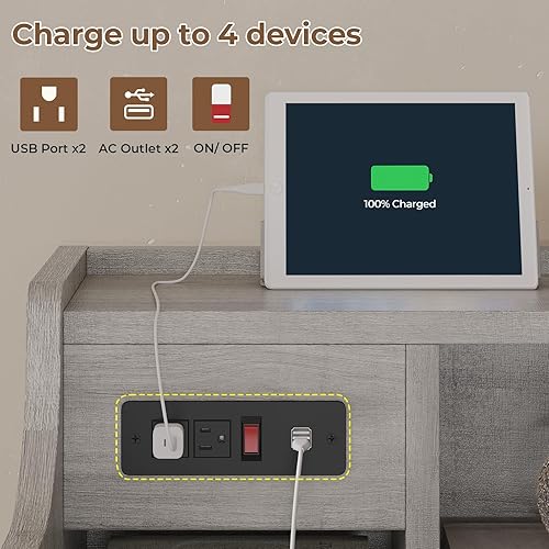 Miniatura 5 de Tiptiper Juego de 2 mesitas de noche grises con gabinete y estación de carga, mesita de noche con 3 cajones para dormitorios, juego de 2, mesa