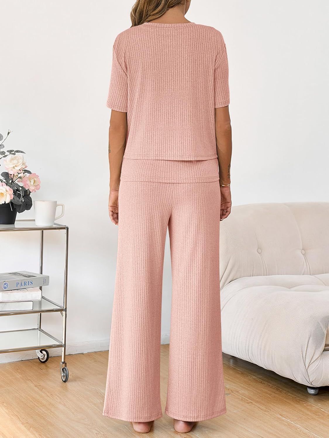 Tankaneo Womens Postpartum Maternity Pajamas 2 Piece Sets Rib Short Sleeve Nursing Tops and Elastic Waist Pants Loungewear - Image 5