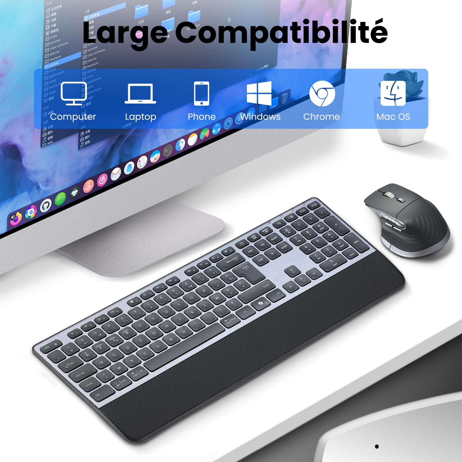 CITLLA Clavier Souris sans Fil Rétroéclairé Rechargeable Ergonomique, Réglable Support et Repose-Poignets,4 Niveaux DPI Hyper-Rapide Défilement Souris silencieuse pour Ordinateur Bureau PC Laptop