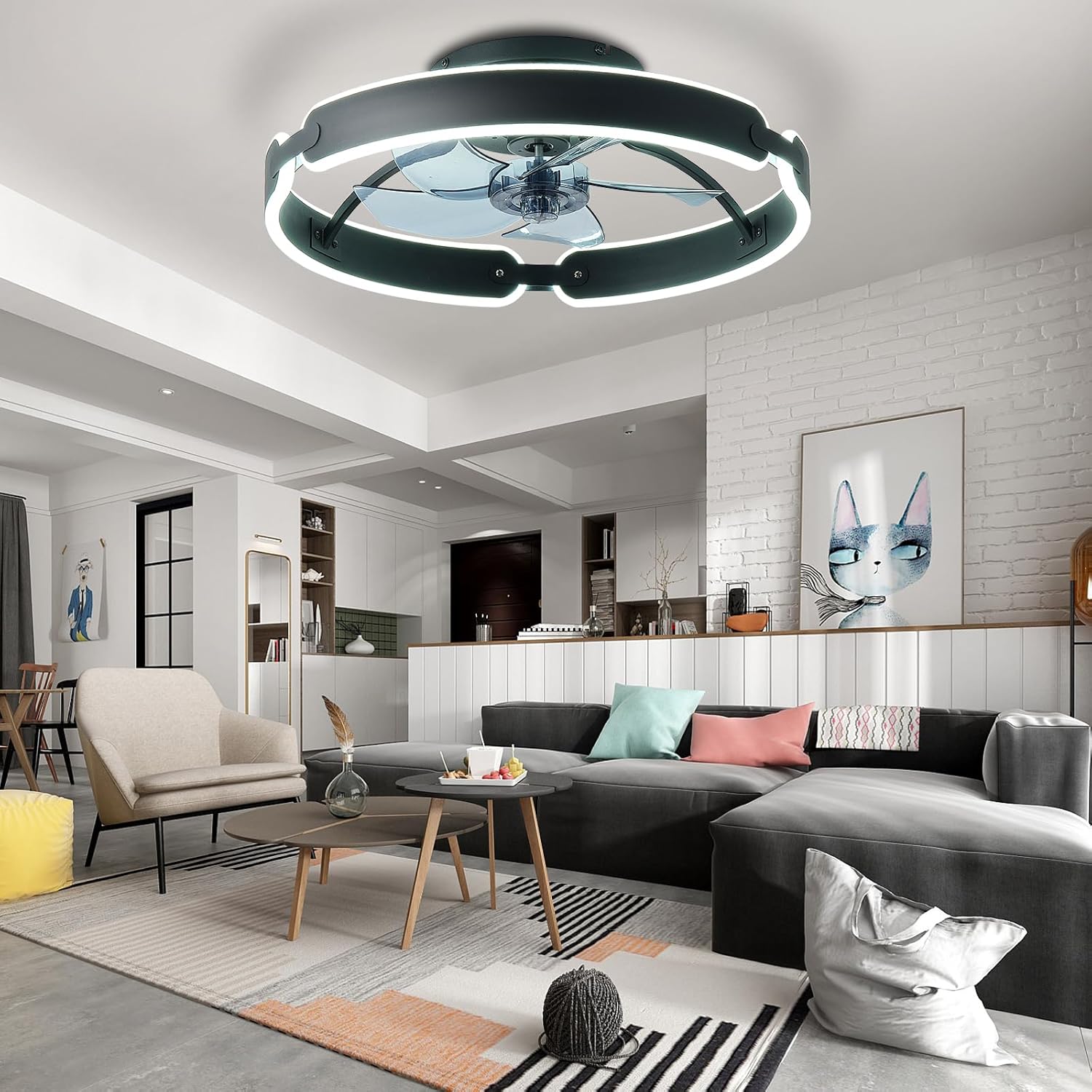 Ventiladores de techo con luz y control remoto, ventilador de techo bajo perfil de 20", luz LED de techo empotrada moderna regulable de 3000-6000K, 6 velocidades, ventiladores de - imagen 3