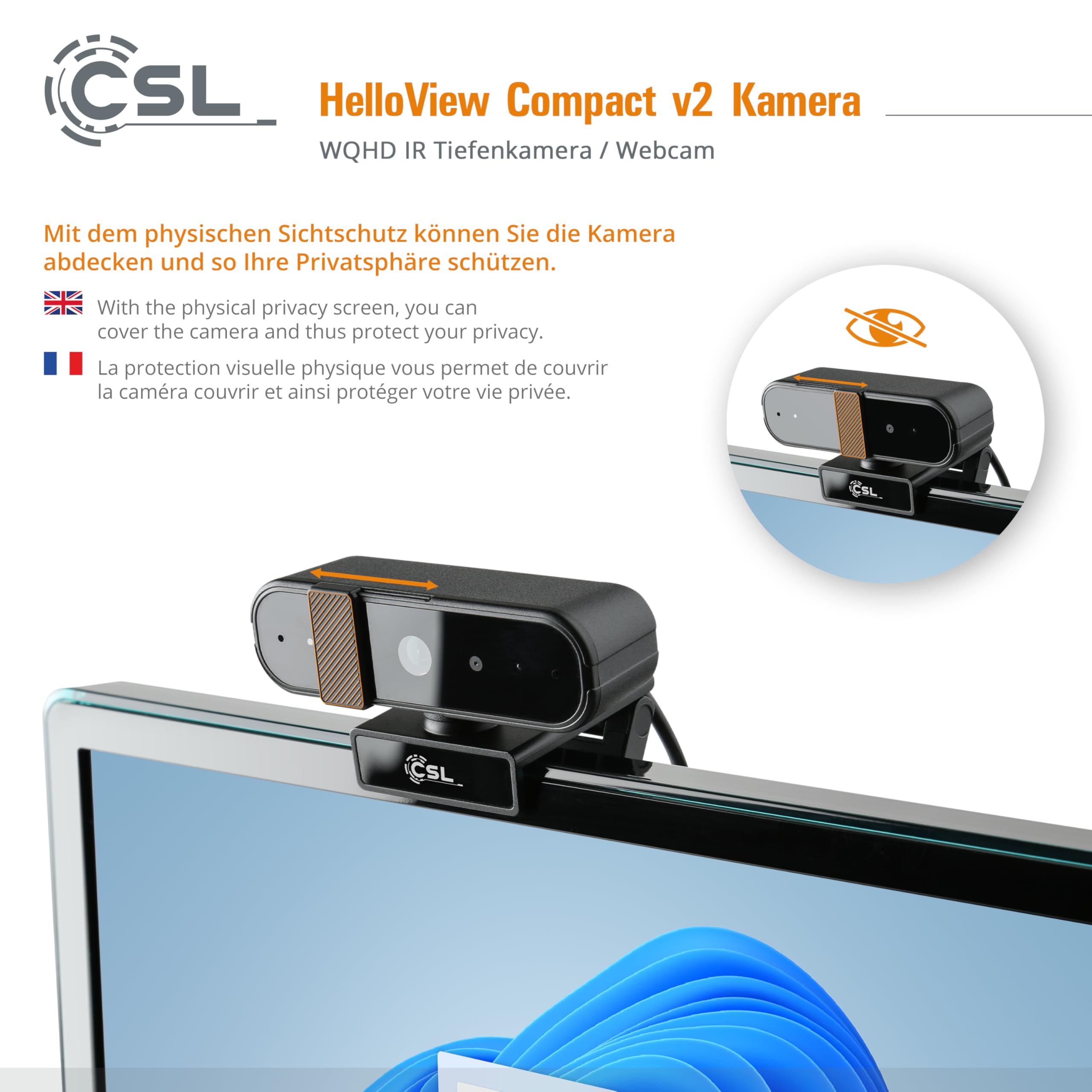 Caméra Windows Hello - Webcam CSL HelloView v2 Compact RVB, caméra de profondeur infrarouge, 2560 x 1440@30Hz, microphone intégré, chat vidéo, WQHD, 1440p, reconnaissance faciale, Windows 11 Hello