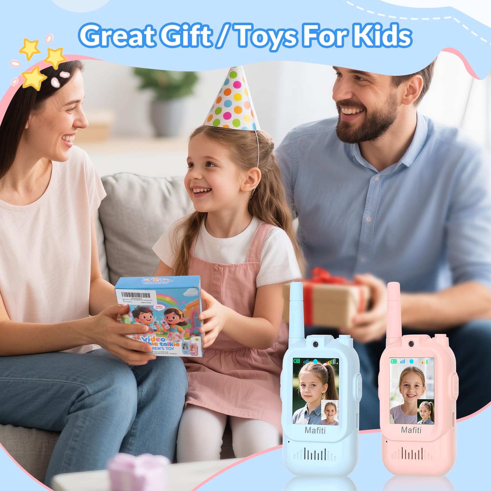 Mafiti mini vidéo walkie talkies jouets pour 3 4 5 6 7 8 ans garçons filles mini vidéo walkie talkies pour enfants lot de 2 rechargeable 1000 pieds plage anniversaire intérieur extérieur (Bleu + Rose)