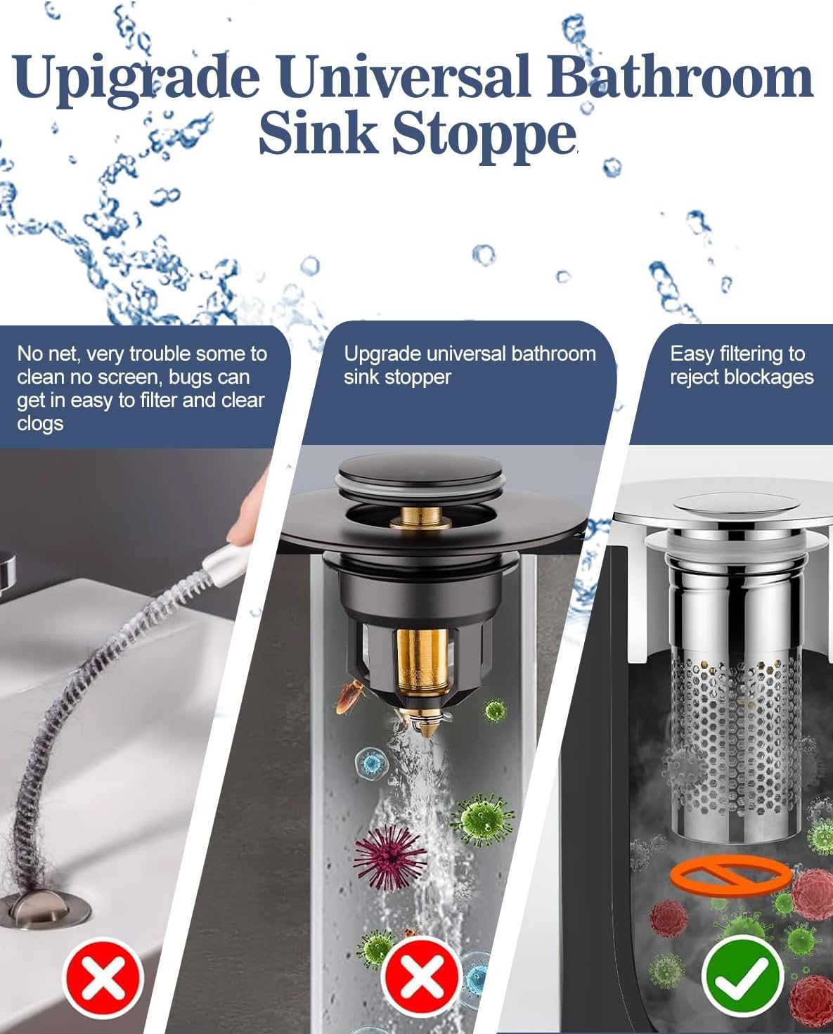 Bathroom Sink Drain Strainer, Universal Pop-up Sink Stopper with Removable Hair Catcher & Stainless Steel Filter Basket, Anti-Clog Drain Protector Fits Most US Standard Bathroom Sinks - Image 3