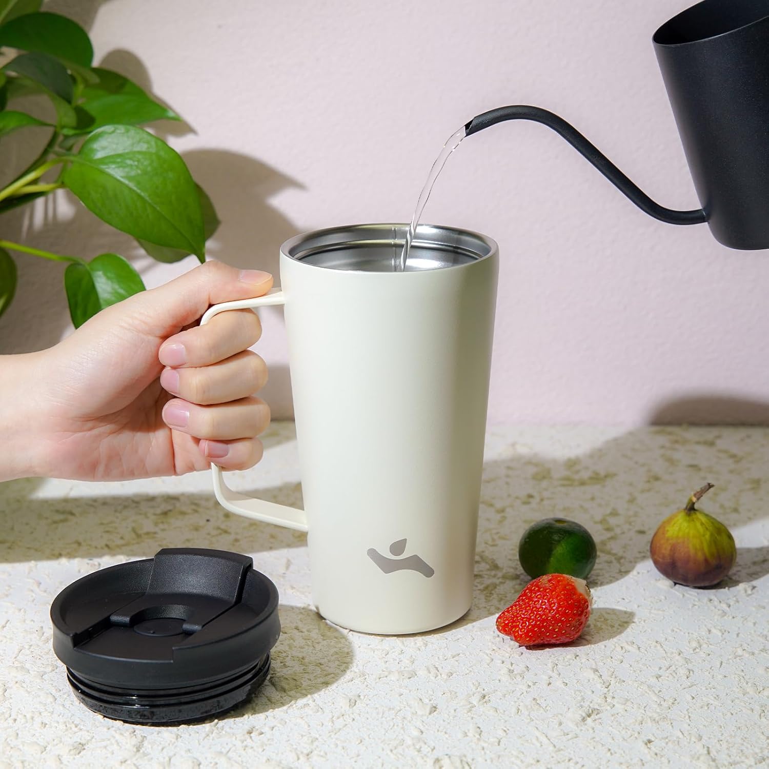 Insulated Tumbler with Handle and Straw, 26 OZ Travel Coffee Mug Stainless Steel Cup Metal Water Bottle,Angel White - Image 5