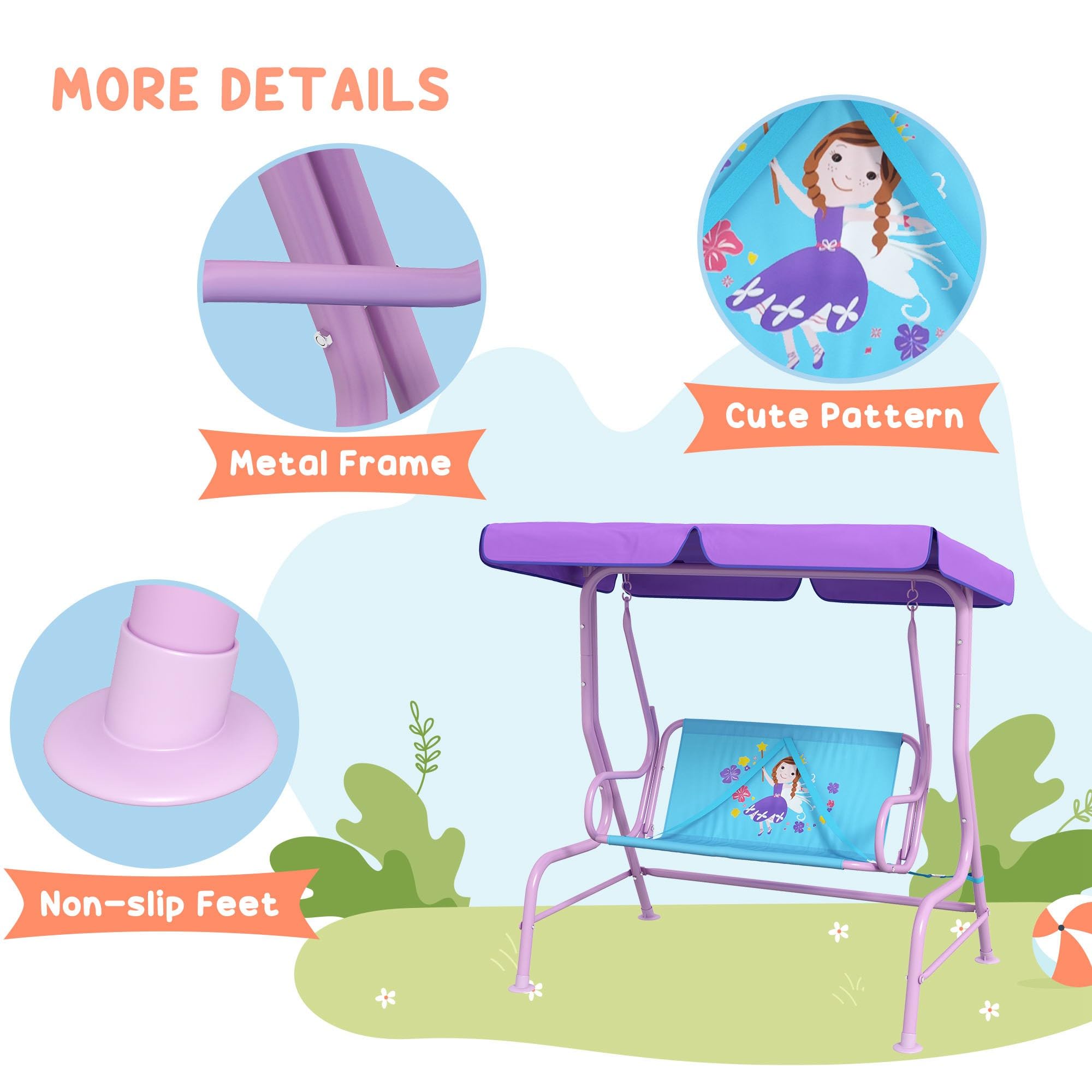 Outsunny Balançoire 2 places pour enfants avec auvent réglable, banc de jardin double sur le thème des fées avec ceintures de sécurité pour patio, parc, porche, pour enfants de 3 à 6 ans, couleur