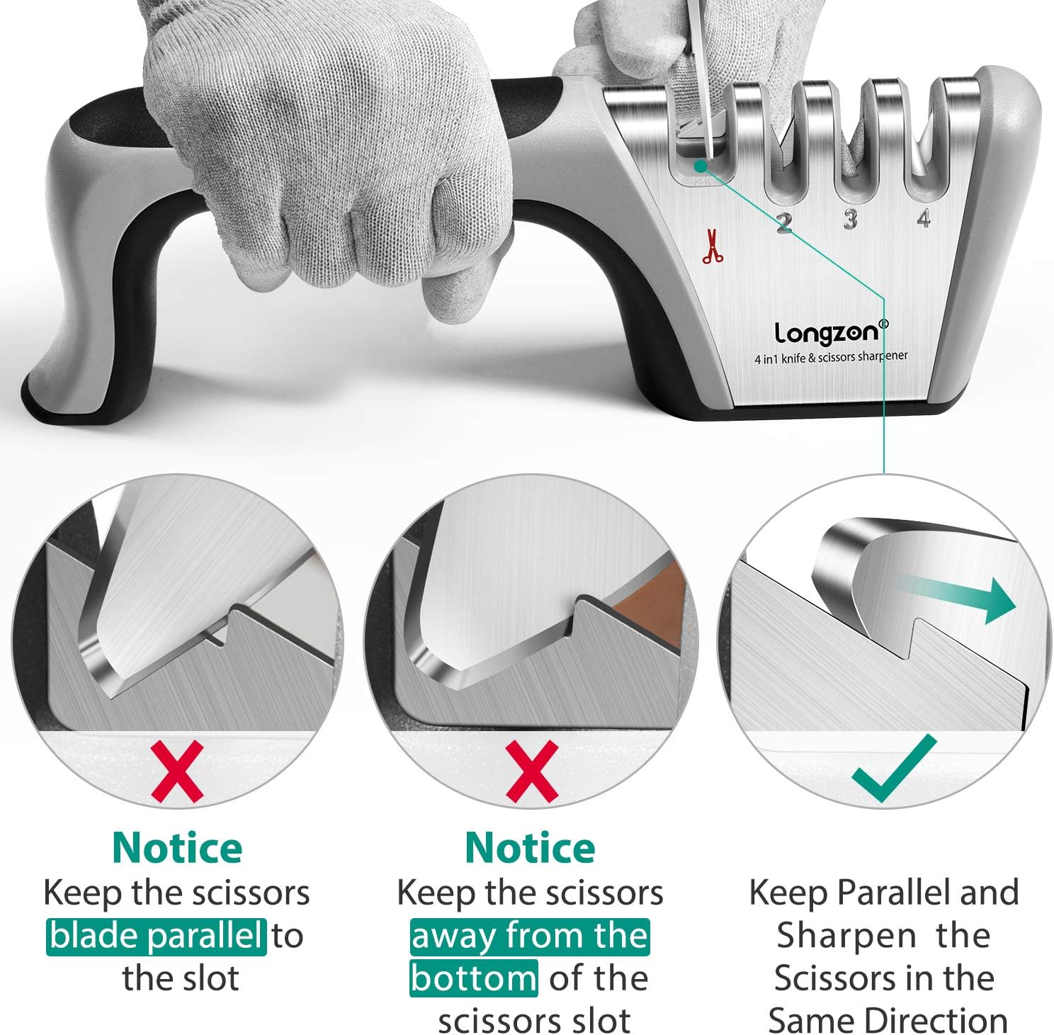 4-in-1 longzon [4 stage] Knife Sharpener with a Pair of Cut-Resistant Glove, Original Premium Polish Blades, Best Kitchen Knife Sharpener Really Works for Ceramic and Steel Knives, Scissors.: Home & Kitchen