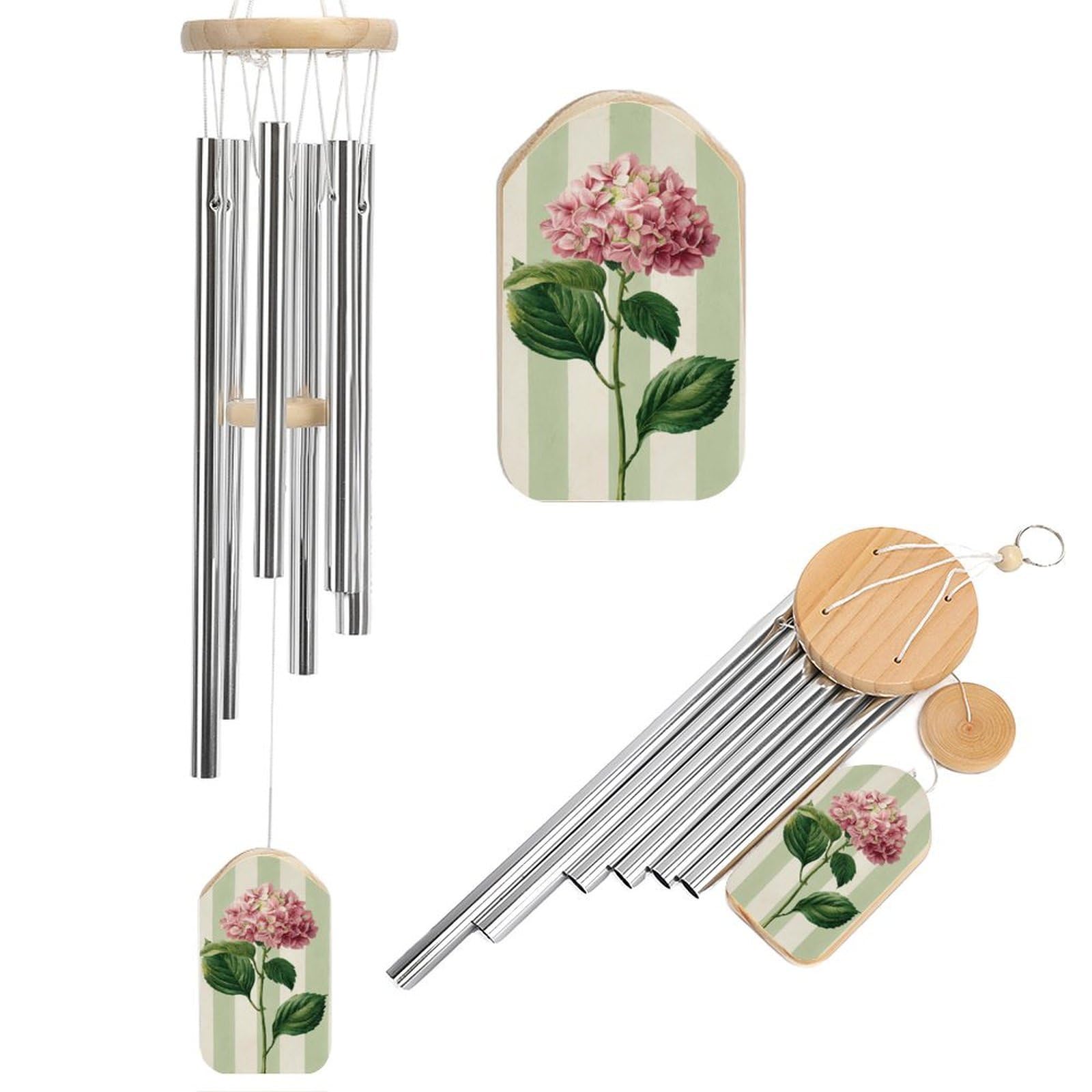 Pink Hydrangea on White Green Striped Wind Chimes Memorial Deep Tone Windchime with 6 Aluminum Tubes Outdoor Backyard Garden Decoration