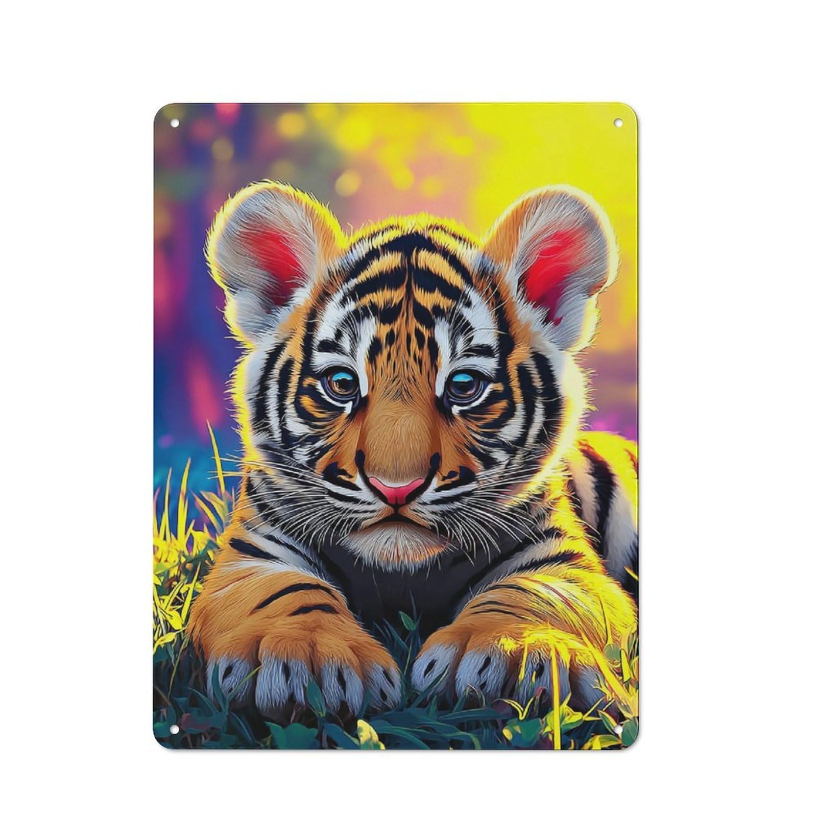 Tin Sign with Adorable Tiger Cub in Sunlight Design 40x30cm, Vintage Workshop Wall Decor for Tool Room, Garage, Studio Or Home Bar