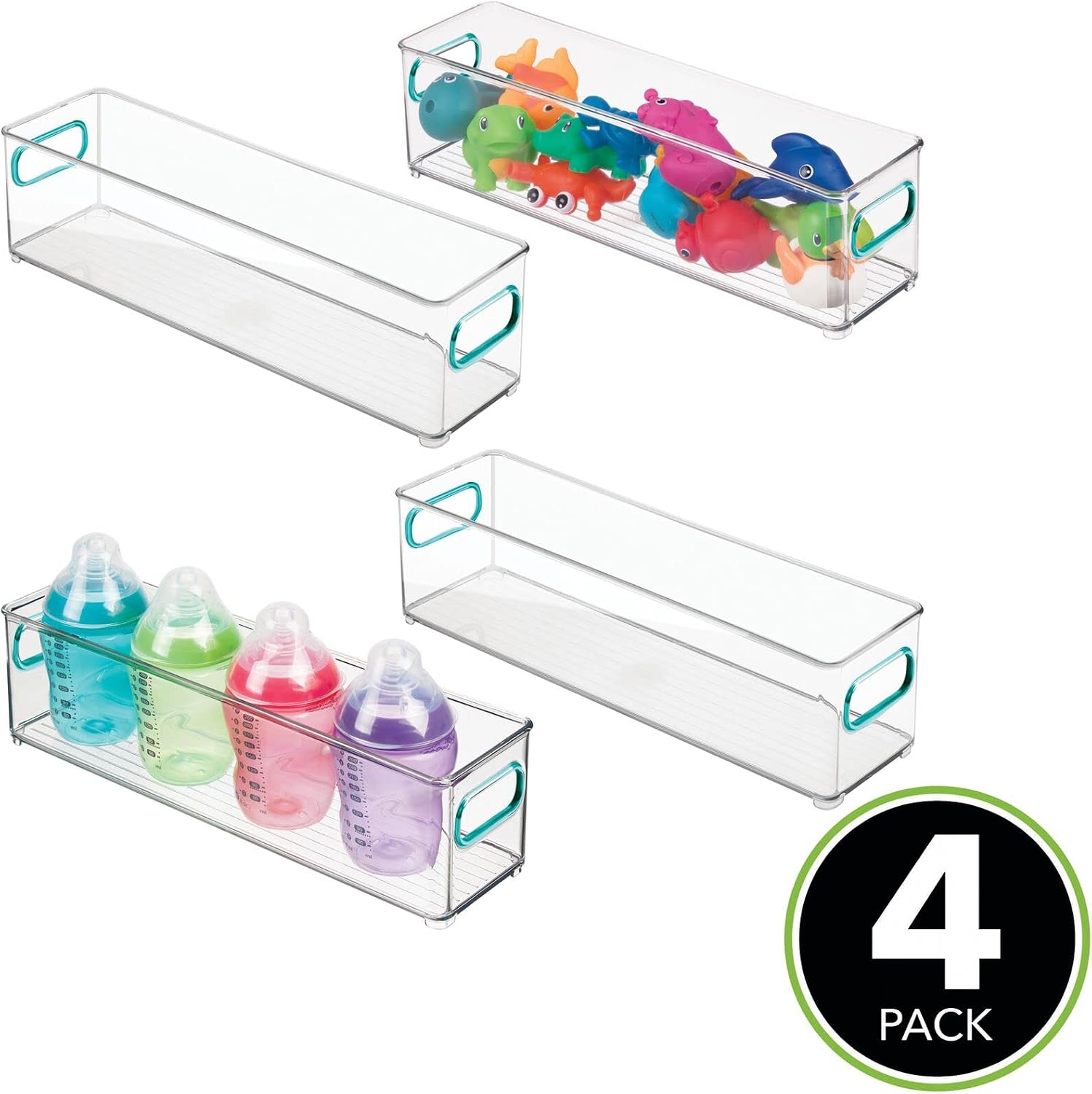 mDesign Slim Storage Organizer Container Bin with Handles for Kids Supplies in Kitchen, Pantry, Nursery, Bedroom, Playroom - Holds Snacks, Bottles, Baby Food - 4" Wide, 4 Pack - Clear/Blue