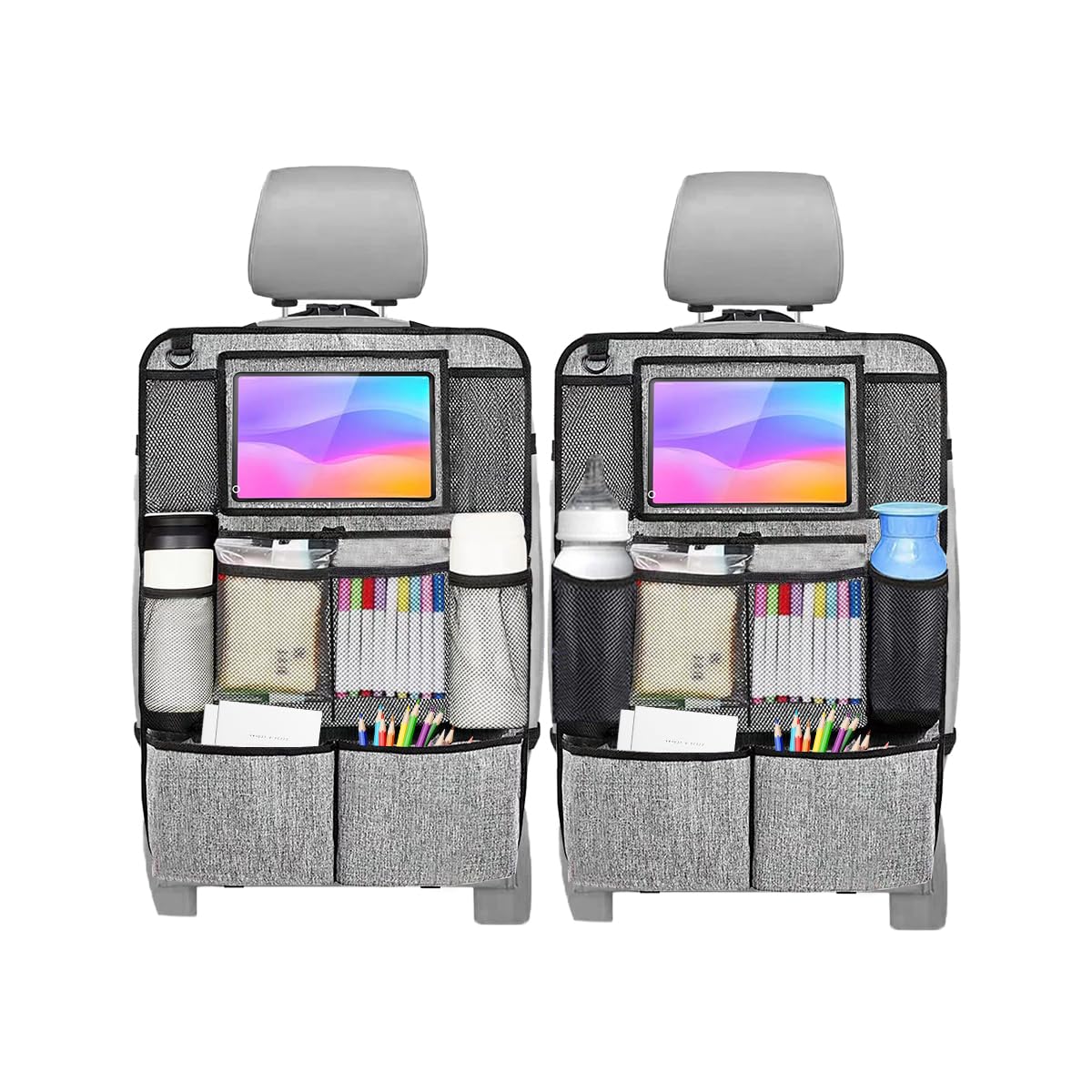 KHGUZ 2PCS Car Seat Back Organizer, Waterproof Vehicle Storage Bag with Touch Screen Tablet Holder & 9 Pockets, Auto Kick Mats Back Seat Protector for