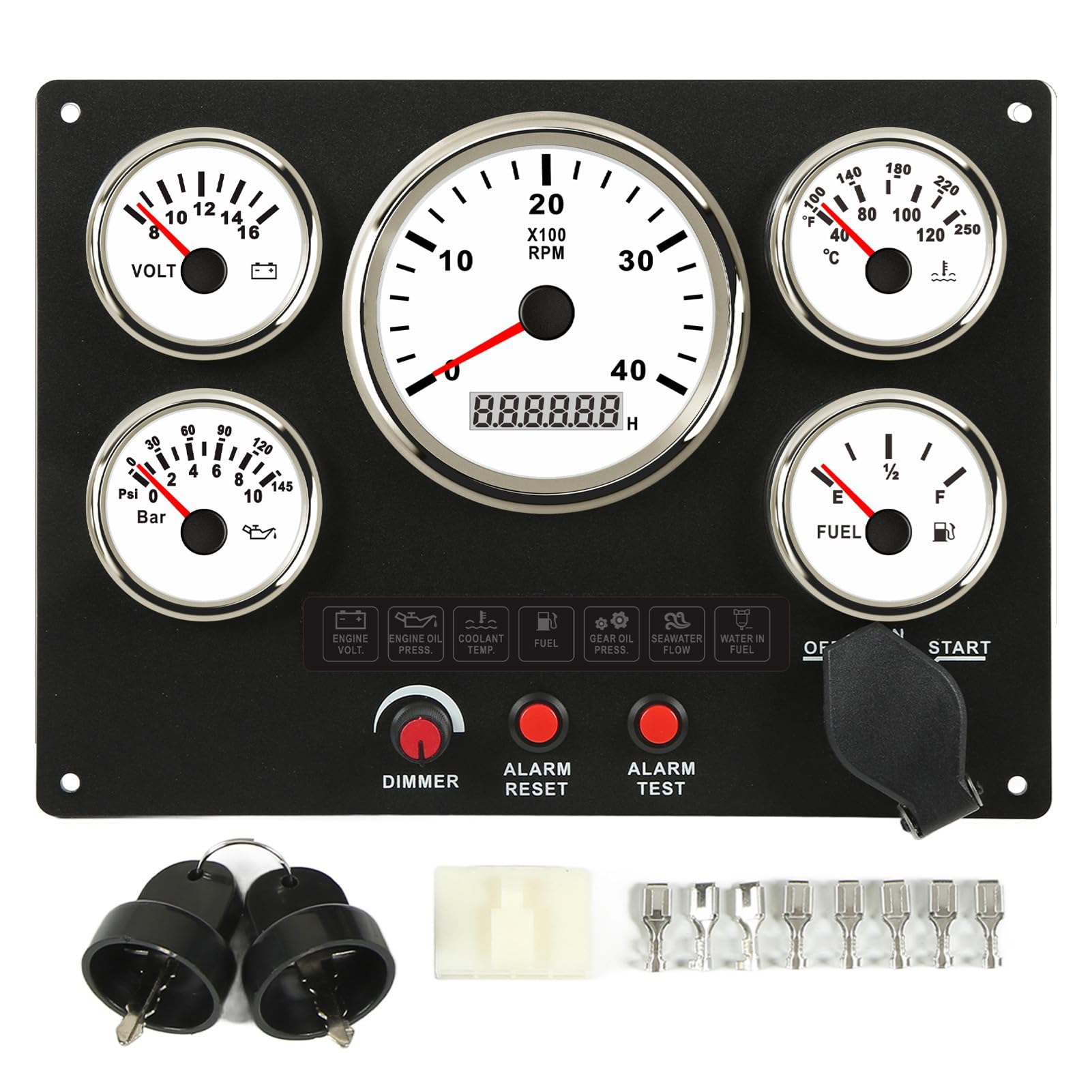 Pannello Strumenti per Barche 4000 Giri/min Contagiri Temperatura Carburante Misuratore Pressione Olio Voltmetro 5 Set Quadrante 0-4000 Giri/min 99999 9H con Pannello Strumenti per