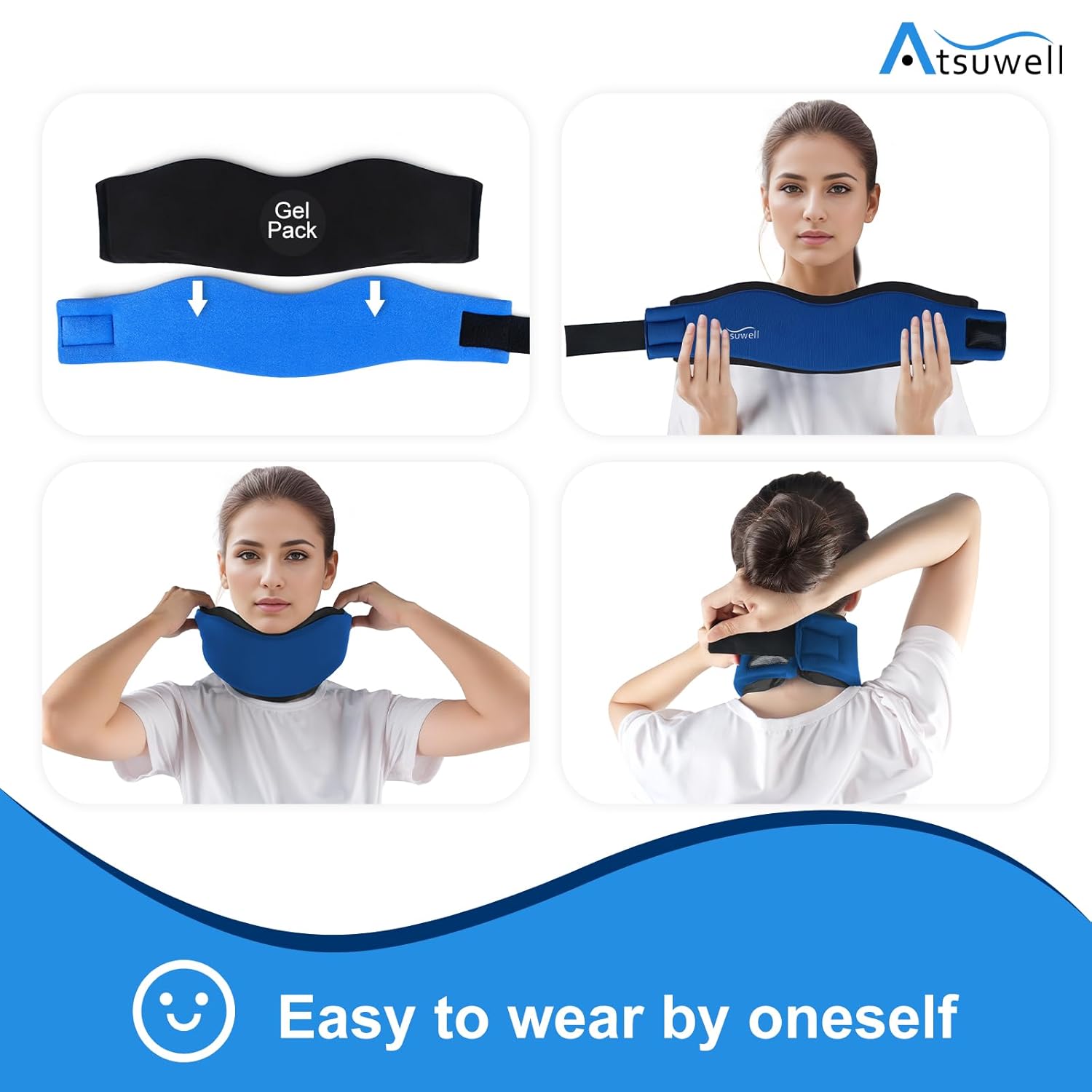 Atsuwell Neck Brace for Sleeping, Soft Cervical Collar for Support, Adjustable Neck Support Brace with Hot Cold Gel Packs Reusable for Office Pressure, Fatigue, Blue