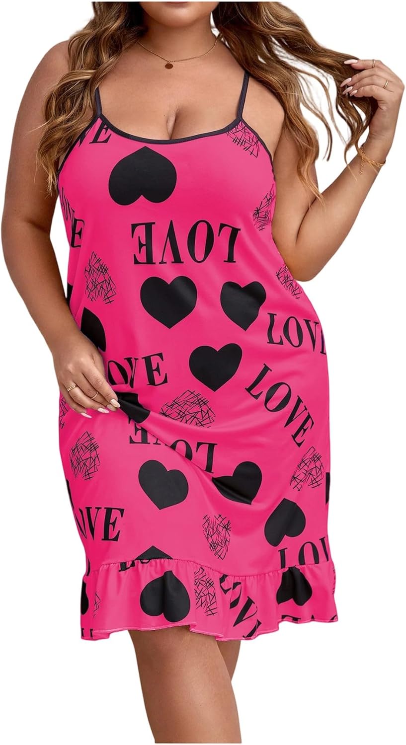 Flowy heart graphic nightgown with matching eye mask for women