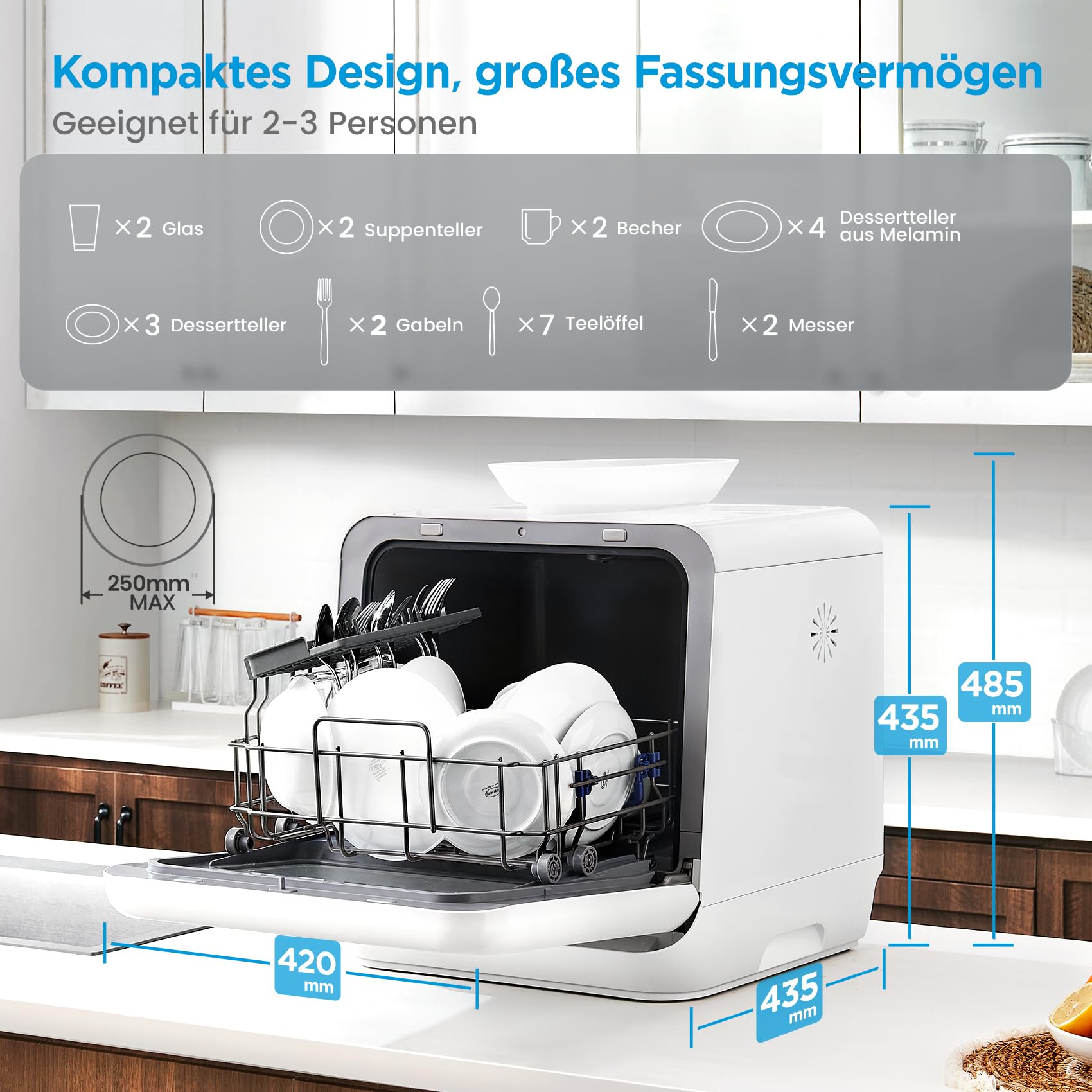 Midea Mini Geschirrspüler mit Wassertank, Freistehend Tischgeschirrspüler 6+3 Programme Touch Control Startverzögerung