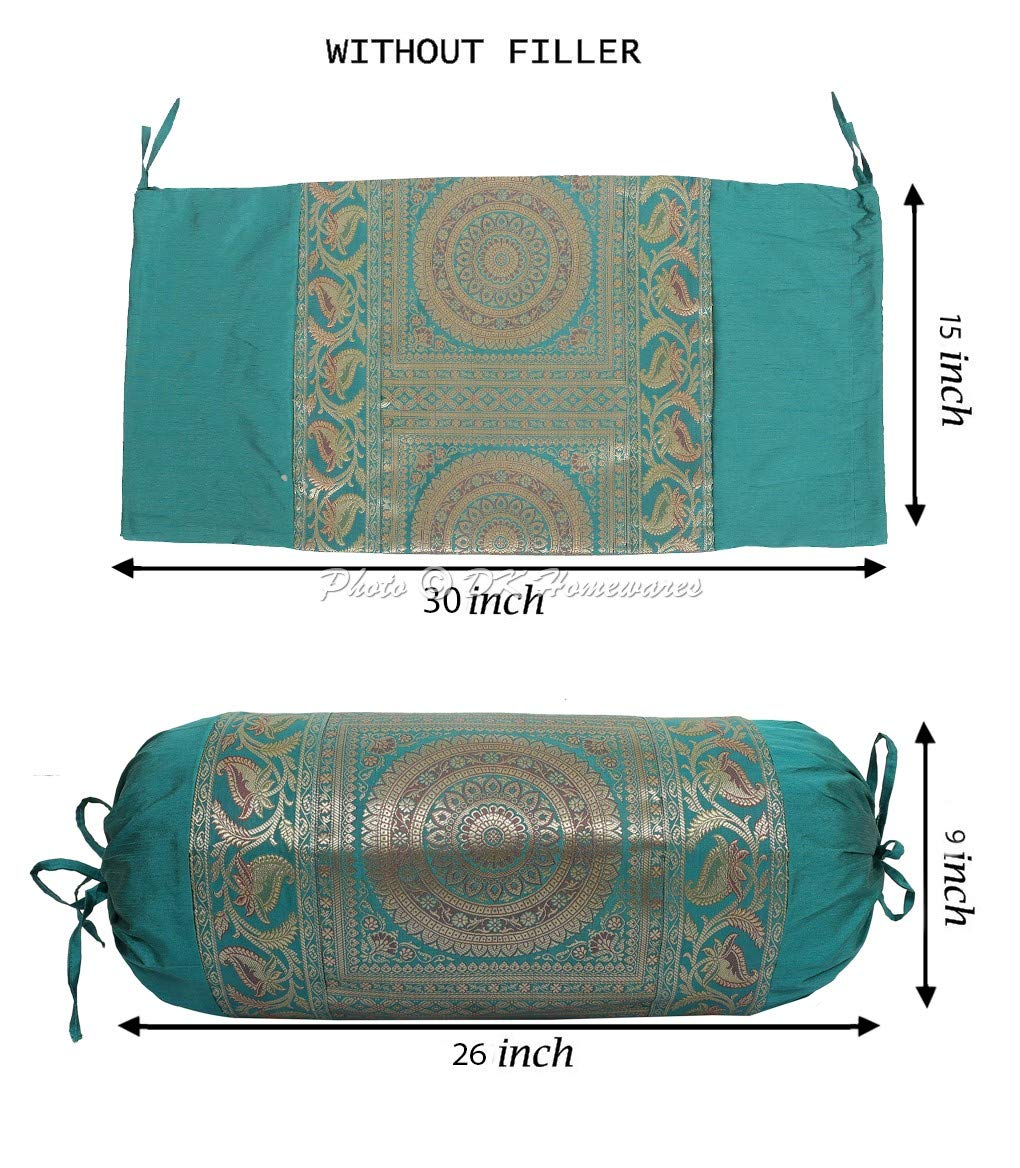 DK Homewares – 2 Fodere Per Cuscino Cilindrico Diwan, 76x38 Cm, In Seta Polydoupion E Broccato, Motivo Mandala Grigio E Oro, Chiusura A Lacci