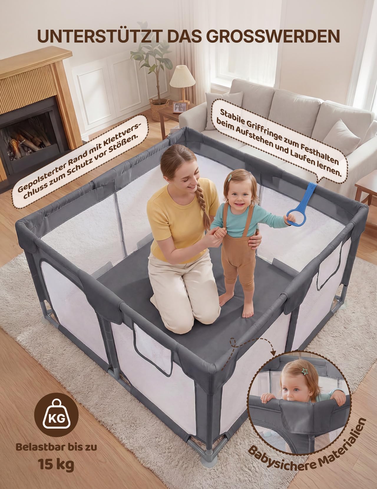 Dripex Box per Bambini Recinto Neonato - Small - Antracite | 124 x 124 cm box per bambini con tappetino, tessuto Oxford 210D, 2 anelli da gioco, palline a tema oceano.