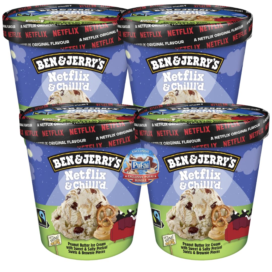 PUFAI Bundle – Ben & Jerry's Karamell Brownie Eiscreme 465 ml x 4er | Cremiges Dessert | Schokolade Stücke | Süß Salzig | Tiefkühlprodukt für Snack & Servieren