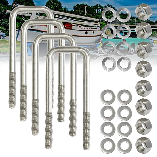 4Pack Square U-Bolt 1/2"-13 Thread Size, 304 Stainless Steel U Bolts 1/2" D x 2-1/16" W x 6-5/16" L with Washers & Nuts, for Replacement Parts and Accessories for Ski Boat, Fishing Boat