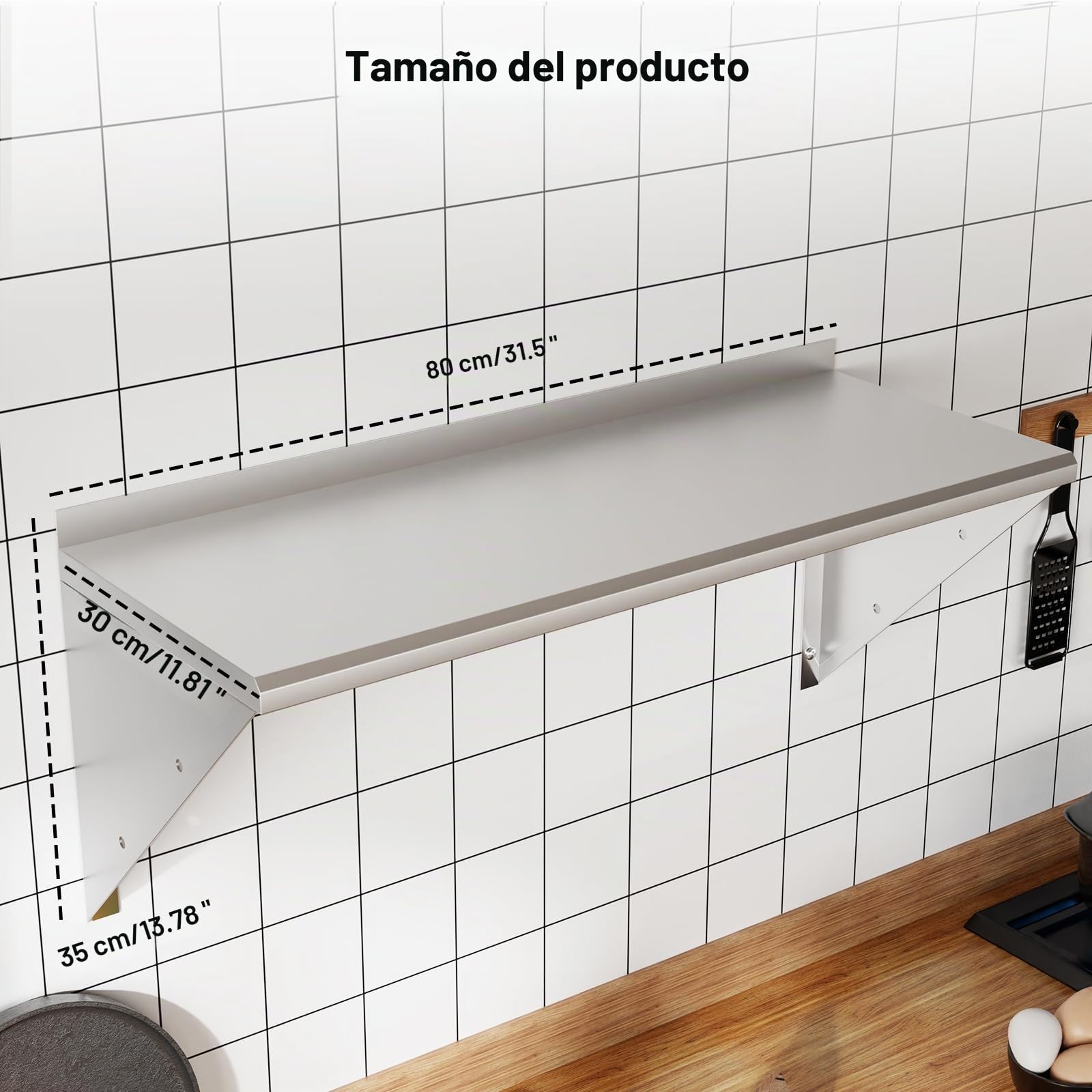 Estantería de Pared de Acero Inoxidable 80x 30 cm, Estantes de Cocina Carga 80 kg, Colocación en Pared, Estante Flotante con Soporte Triangular Apto para Uso en Oficinas, Baños y Cocinas