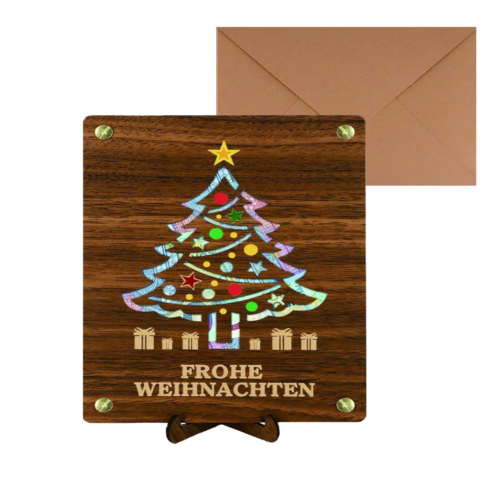 Jukibole Biglietto di Natale in legno, confezione regalo in denaro, con supporto, con ringraziamento, XL (20 x 15 cm), confezione regalo in legno, Natale, biglietto di Natale per famiglia e amici