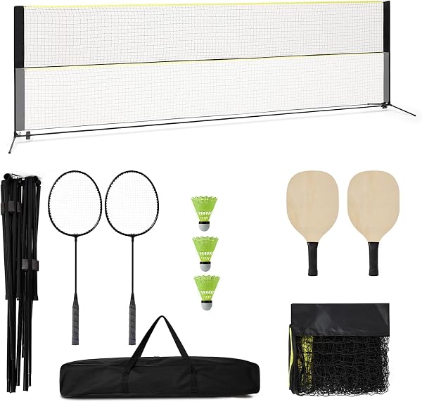 Filet de Badminton et Pickleball 510x102x155 cm, Kit Complet avec Raquettes, Hauteur Réglable 107-155 cm, Ensemble de Jeux Sportif pour Jardin et Extérieur - 1