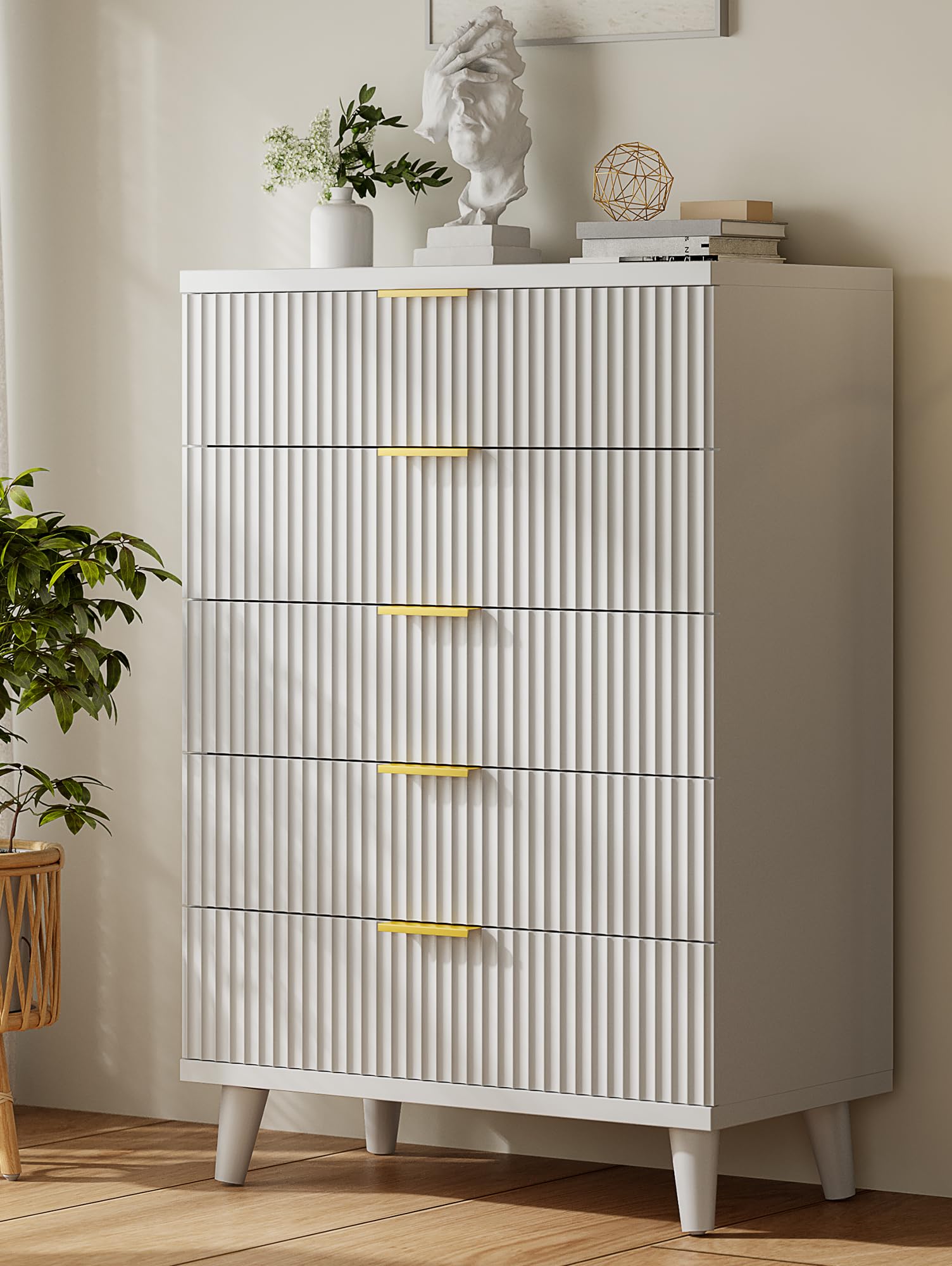 Lulive White Dresser for Bedroom Wood Tall Dressers Drawers, Fluted Modern Dresser 5 Drawers White
