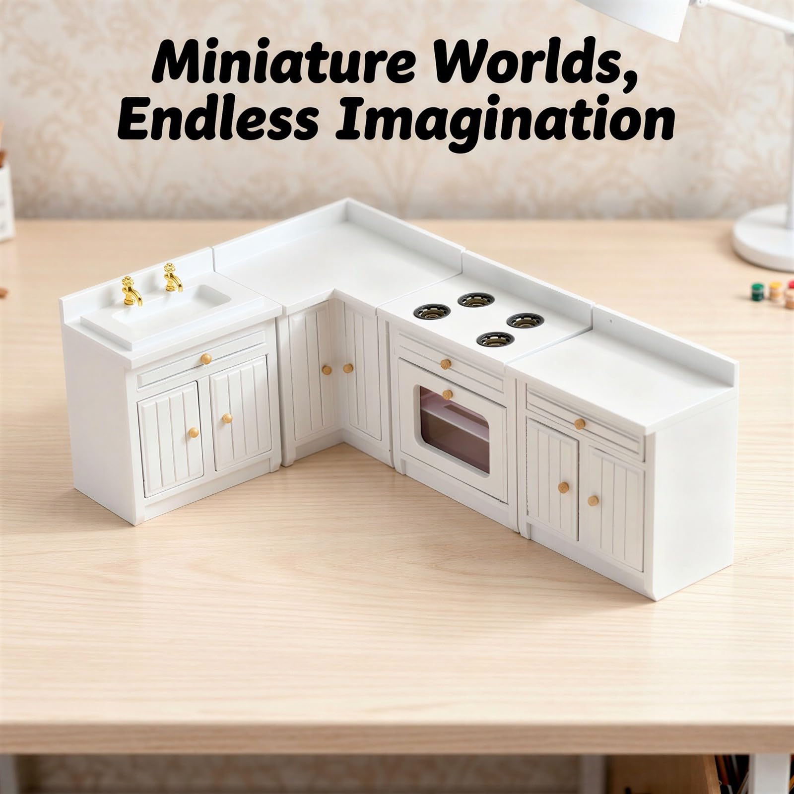 1:12 Miniaturowy domek dla lalek, biały zestaw mebli kuchennych, drewniana szafka i lodówka, budowa drewna brzozowego i sklejki, białe wykończenie, dla majsterkowiczów, entuzjastów modeli