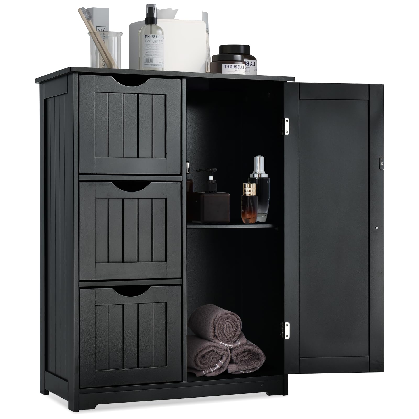 CASART Storage Cabinet, Bathroom Floor Cabinet with 1 Cupboard and 3/4 Drawers, Wooden Freestanding Cupboard for Living Room, Bathroom, Entryway and Office (Black, with 3 Drawer)