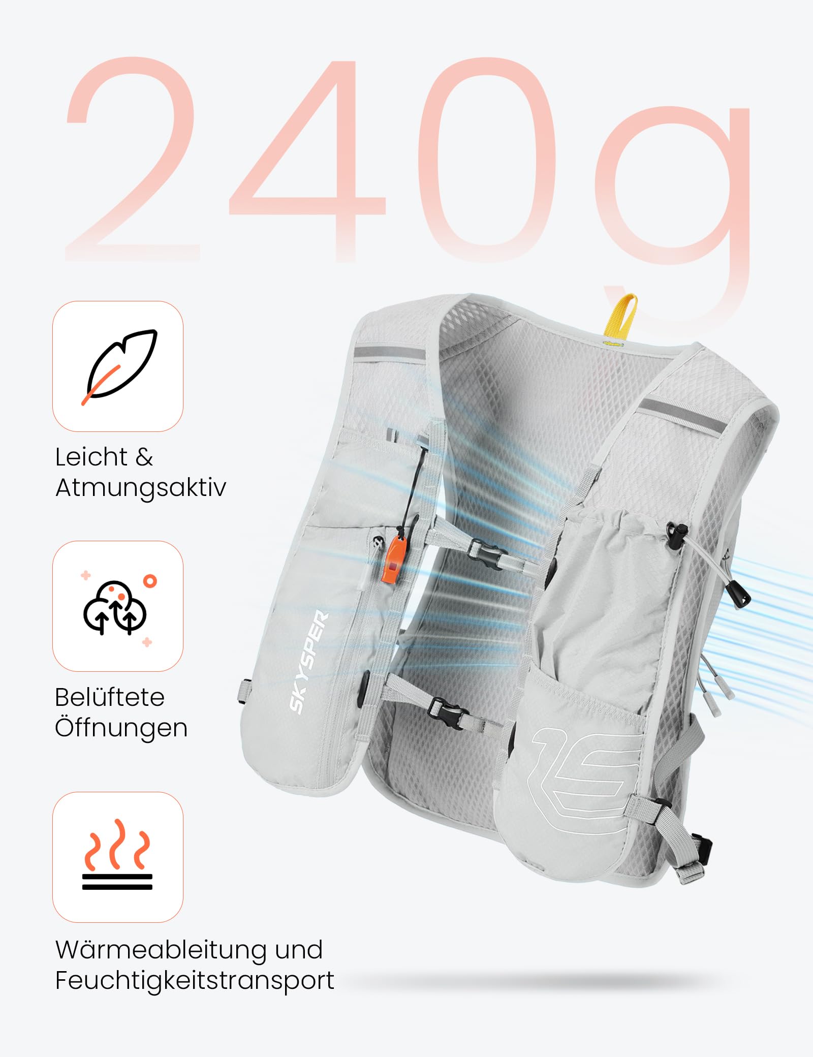 SKYSPER Laufweste für Damen Herren 12L Laufrucksack mit 500ml Trinkflasche Reflektierende Trinkweste Laufen Atmungsaktives Running Vest mit Handyfach für Trailrunning Marathon Joggen