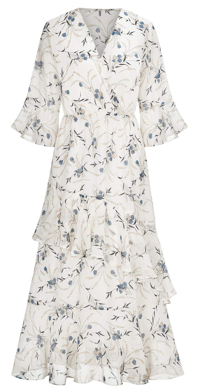 XINUO Womens Dresses Yellow Floral Maxi Dress V Neck High Waist Chiffon Beach Summer Party Casual Long Dresses