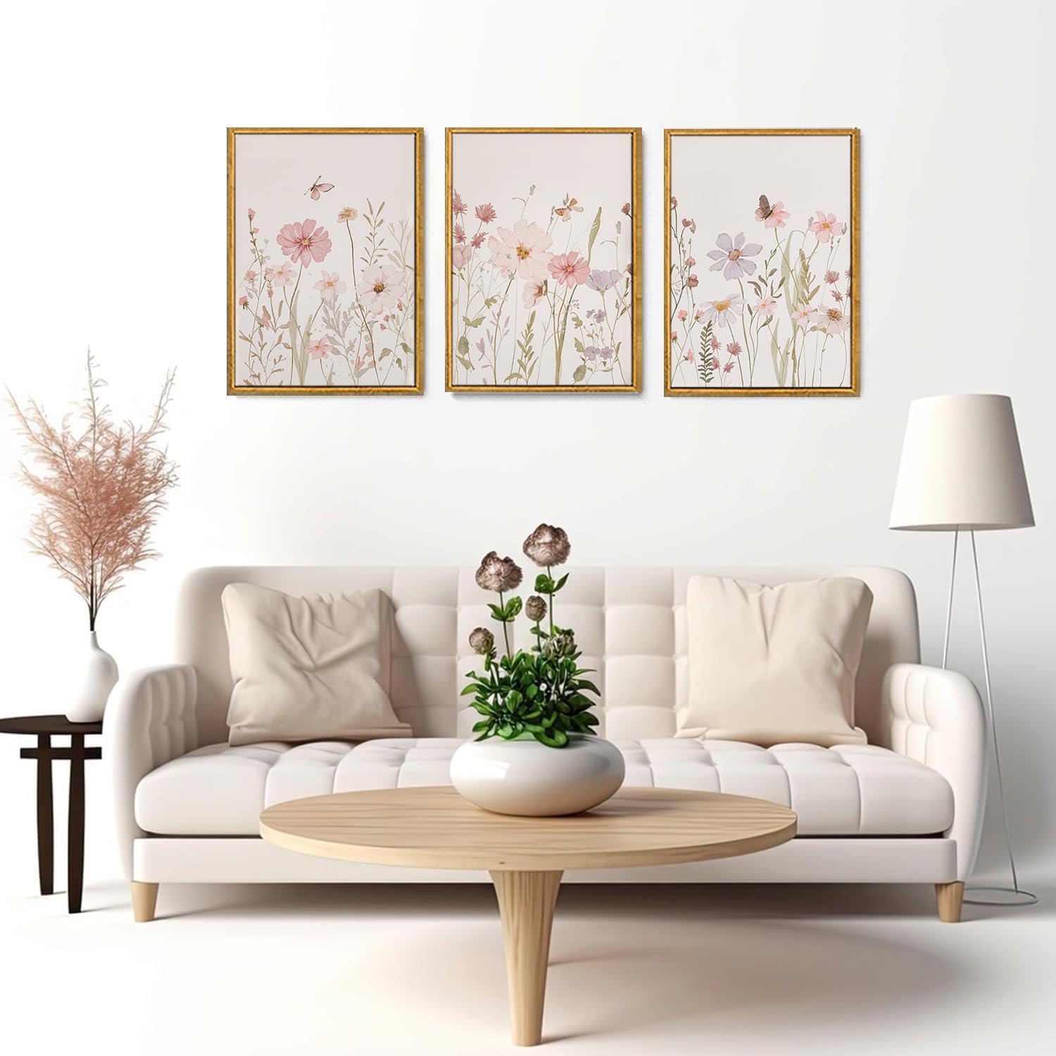 Wodkwq 3 Piece Framed Wall Art Wildflower Wall Decor Botanical Canvas Art Floral Pictures Watercolor Paintings Pink Artwork Prints for Nursery Bedroom Living Room