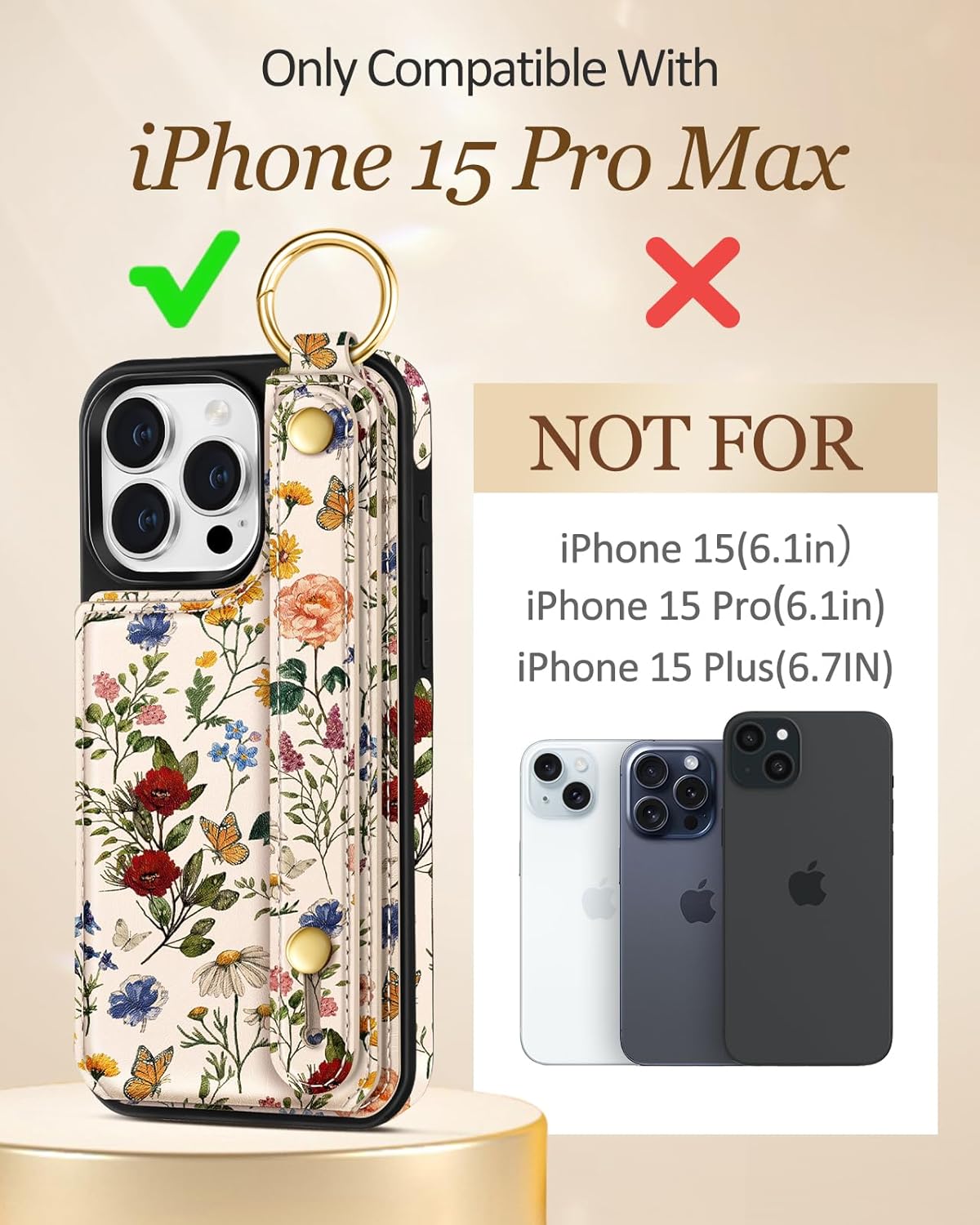 Petitian for iPhone 15 Pro Max Case with Wallet - Women Girls Cute Girly Aesthetic Unique Design with Leather Credit Card Holder Cardholder Stand Wristband for Apple 15 Promax, Vin Flower - Image 2