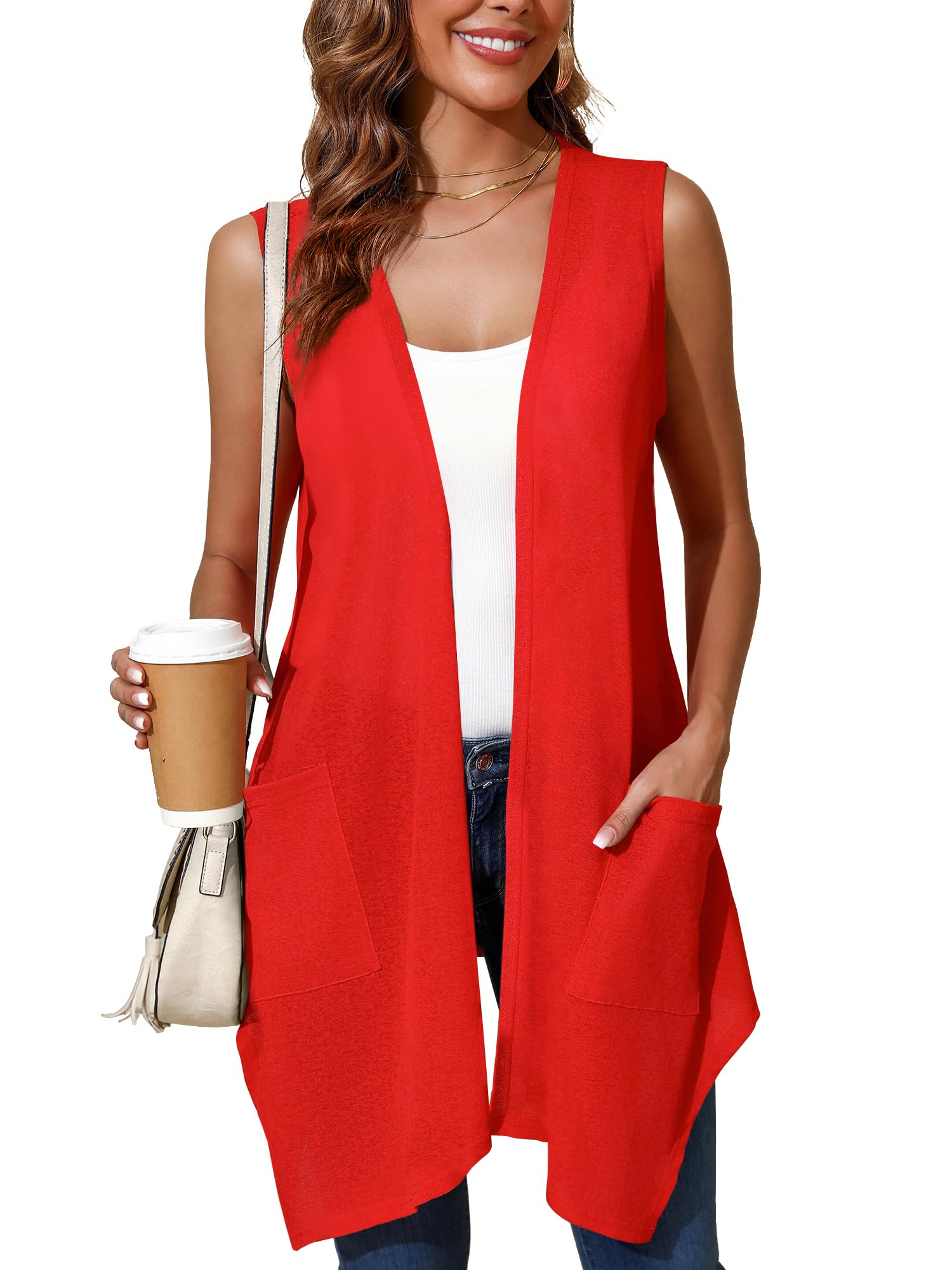 Skrfez Cardigan for Women Drape Shrugs Open Front Sleeveless Vest Lightweight Cover Ups with Pocket