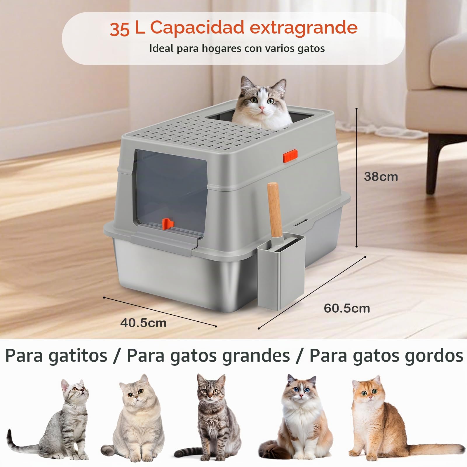 Caja de Arena para Gatos XXL de Acero Inoxidable con Tapa, 3 in 1 Arenero de Gato Grande, Caja de Arena metálica Cerrada de Gran Capacidad de 35L con Pala, Antifugas, Inodora y Fácil Limpieza