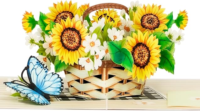 POPWOW Sunflower Pop Up Card, Butterfly, Flower Basket, 3D Greeting Card, Gifts for Birthday, Mothers Day, Valentines Day, Mom, Wife, Girlfriend, Sister, 5x7 - Includes Envelope And Message Note