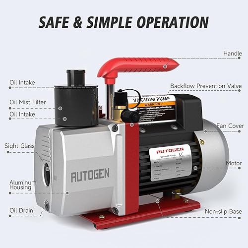 Miniatura 4 de Bomba de vacío 5CFM, bomba de vacío HVAC de 12 HP de 38 micrones 110 V para R12 R22 R134a R410a, 1 etapa para recarga de refrigerante HVACAUTO CA,