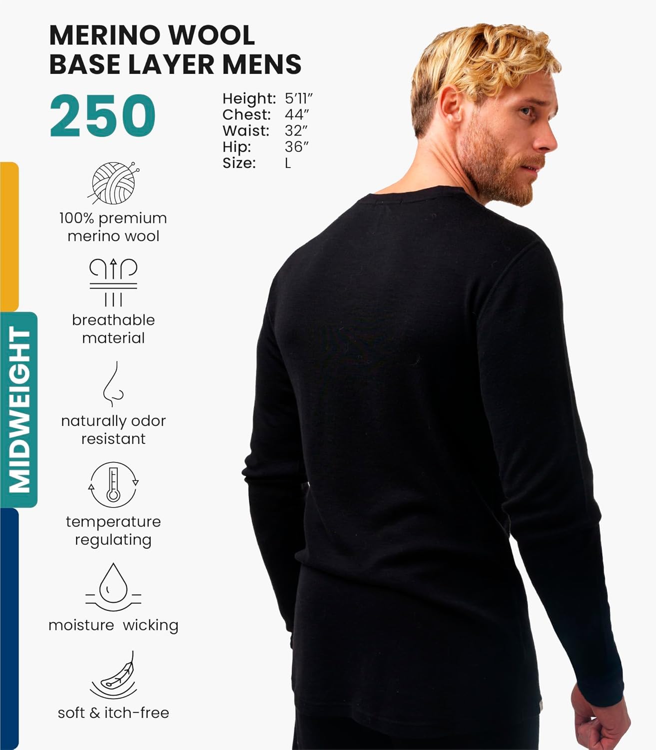 Merino.tech Merino Wool Base Layer - Mens 100% Merino Wool Long Sleeve Thermal Shirts Heavyweight, Midweight, Lite with Socks - Image 2