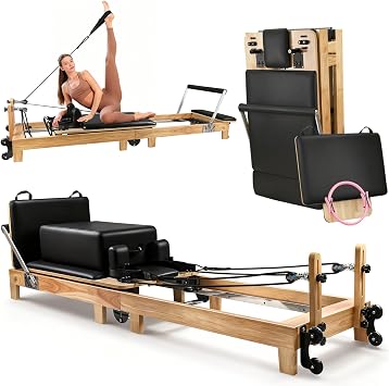 Pilates Reformer, Wooden Foldable Pilates Machine for Home Use, All-in-One Studio Equipment with 6 Springs, Jump Board, Sitting Box & Accessories 3t3 libras
