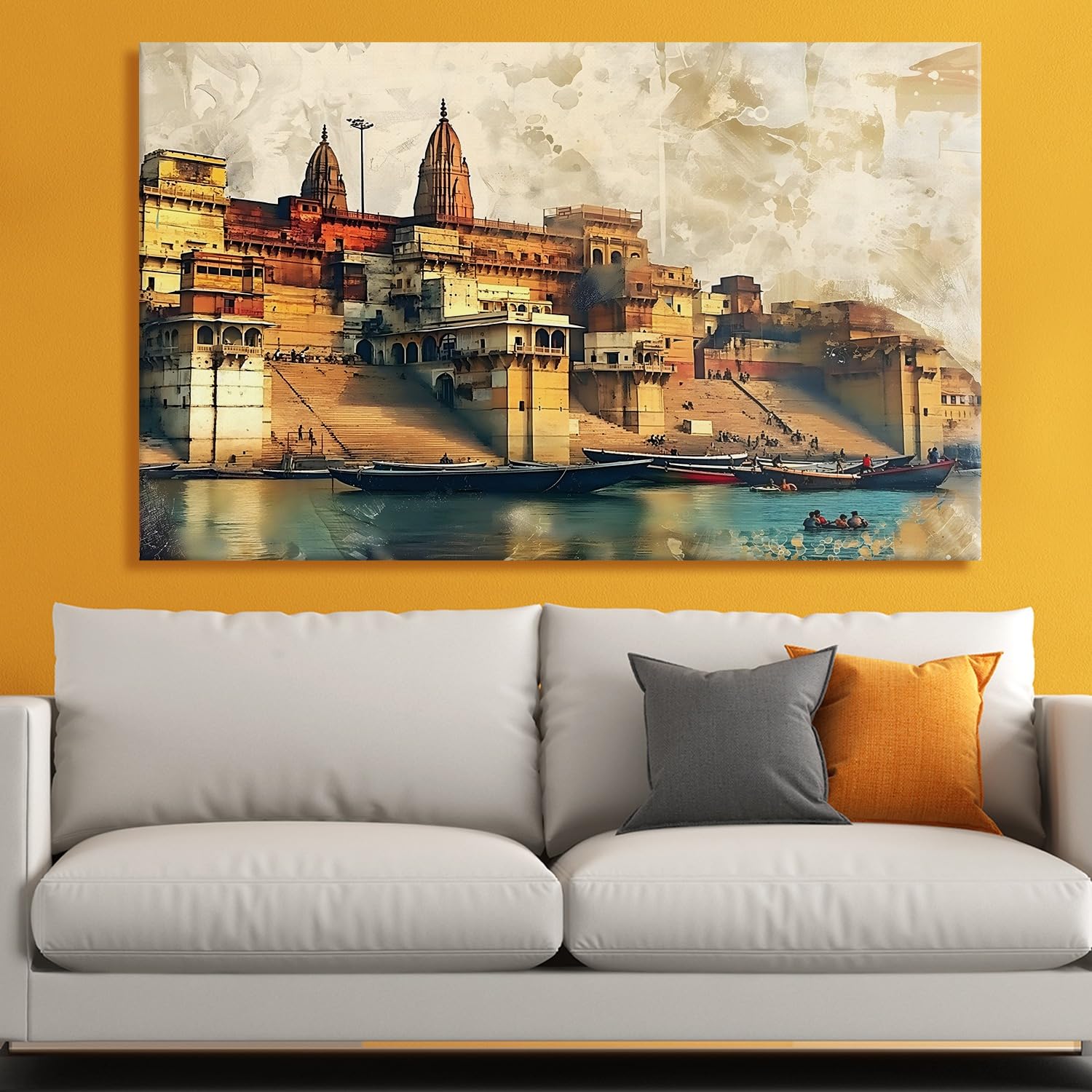 PAPER PLANE DESIGN Banaras Ghat Paintings for Living Room | Varanasi Ghat Ganga River Canvas Wall Art | Indian Traditional Wall Painting for Decor (18 Inch x 24 Inch, B) (B0CXTJTL52) Amazon Price History, Amazon Price Tracker