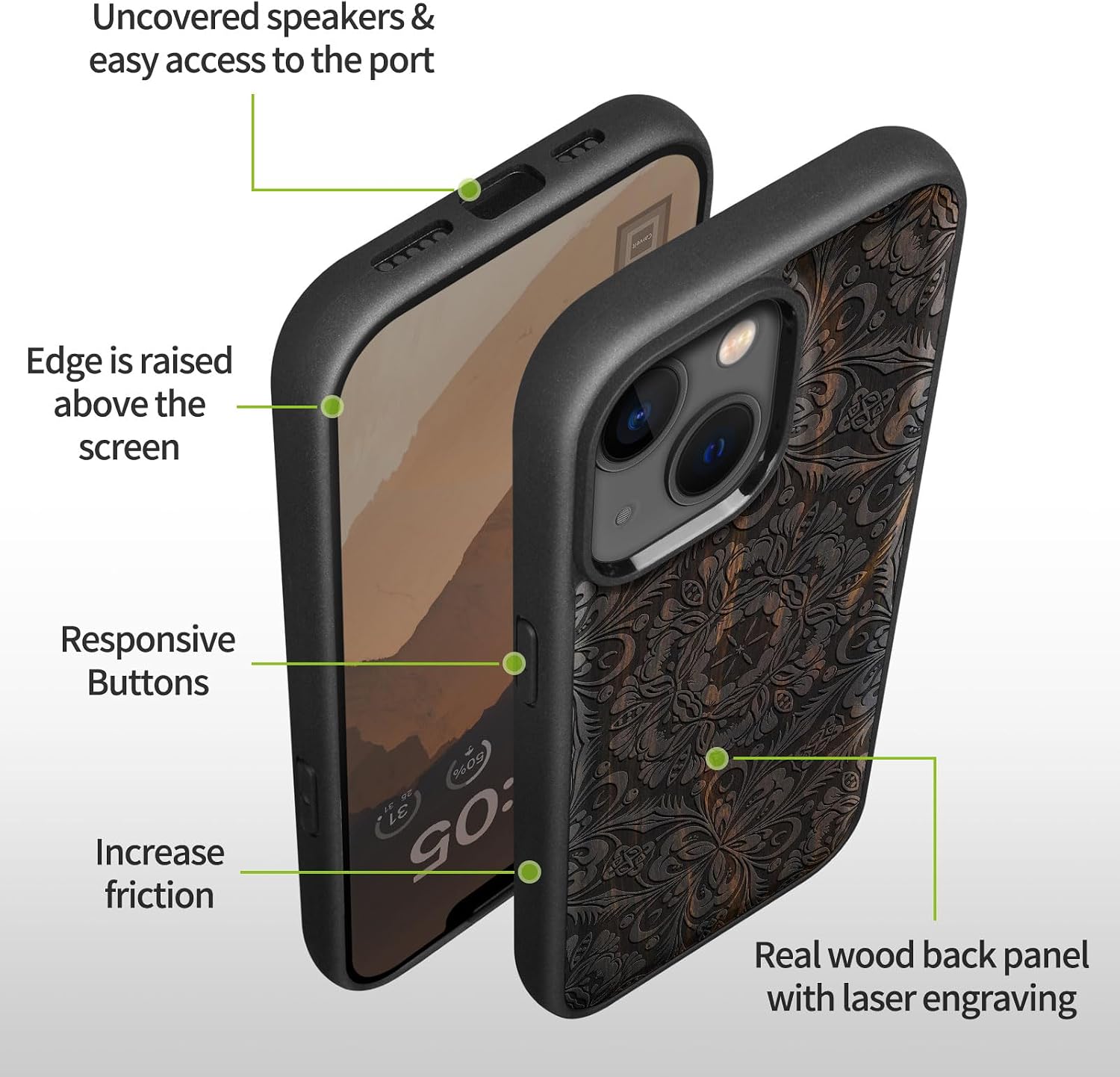 Carveit Magnetic Wood Case for iPhone 14 Case [Natural Wood & Black Soft TPU] Shockproof Protective Cover Unique Wooden Case Compatible with magsafe (Baroque Blossom -Blackwood)