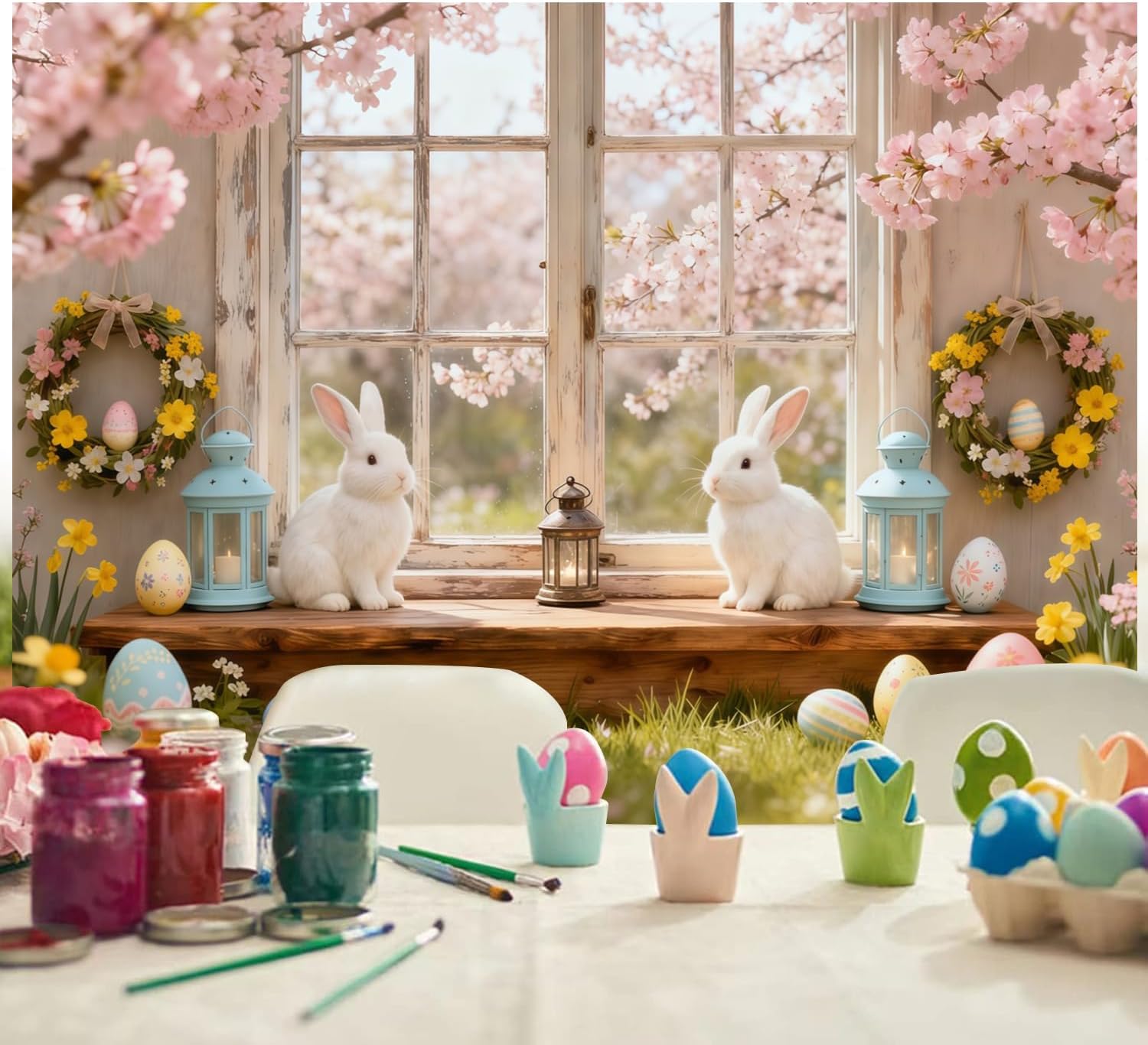 Happy Easter Backdrop 10x8ft Spring Window Scene Pink Flowers Cute Bunny Easter Photography Backdrops Spring Photo Booth Props for Photoshoot Party Decorations Wall Decor