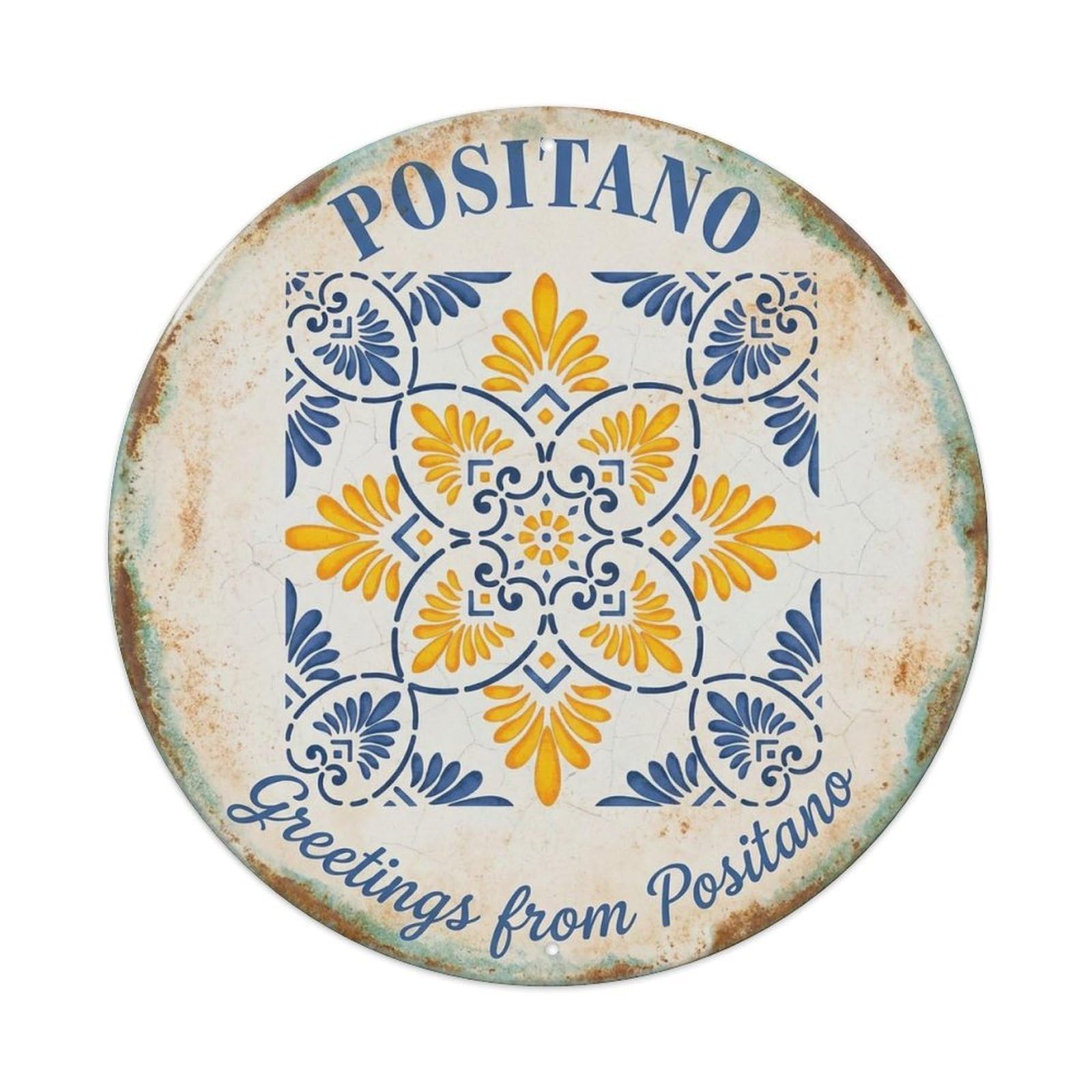 Mediterranean Positano Campania Village Rustic Coastal Metal Tin Sign Plaque Wall Decor for Cafe, Man Cave, Club Bar, Office, Home Garden Round Metal Poster 8x8Inch