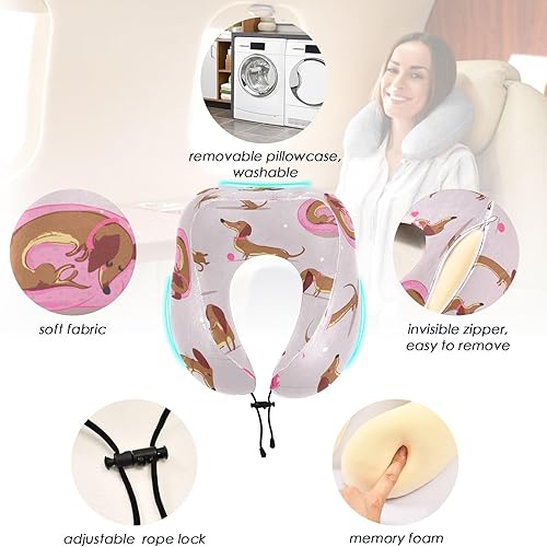 Miniatura 2 de Sinestour Almohada de cuello de viaje con diseño de perro salchicha de dibujos animados, almohada de espuma viscoelástica para el cuello con bolsa