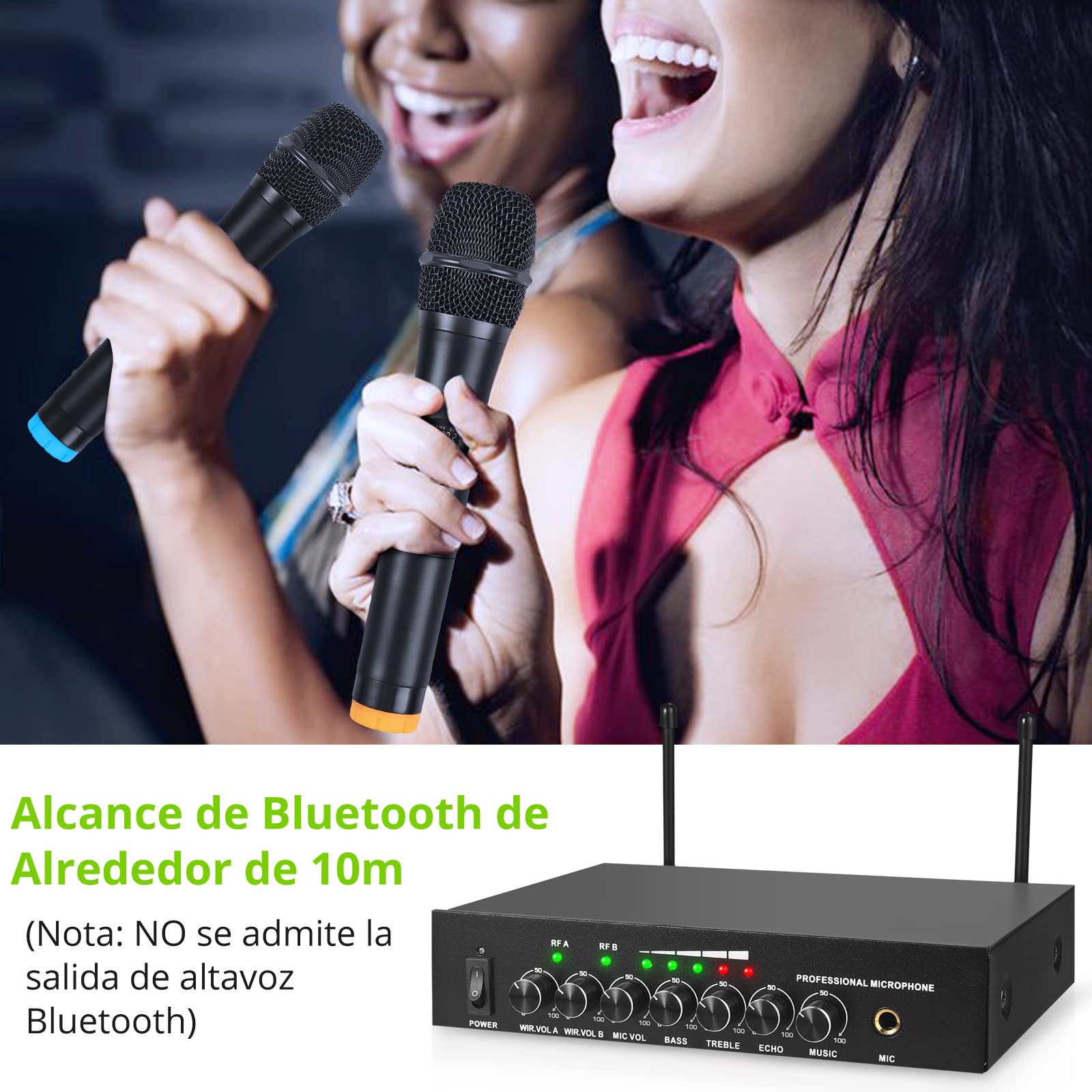 Sistema de Micrófono Inalámbrico Portátil Profesional Bluetooth 4.2 Micrófono Karaoke Dual con Eco Agudos Graves con Receptor Cable de Audio de 6.35 mm/RCA para Reunión Boda Fiesta DJ Iglesia Regalo